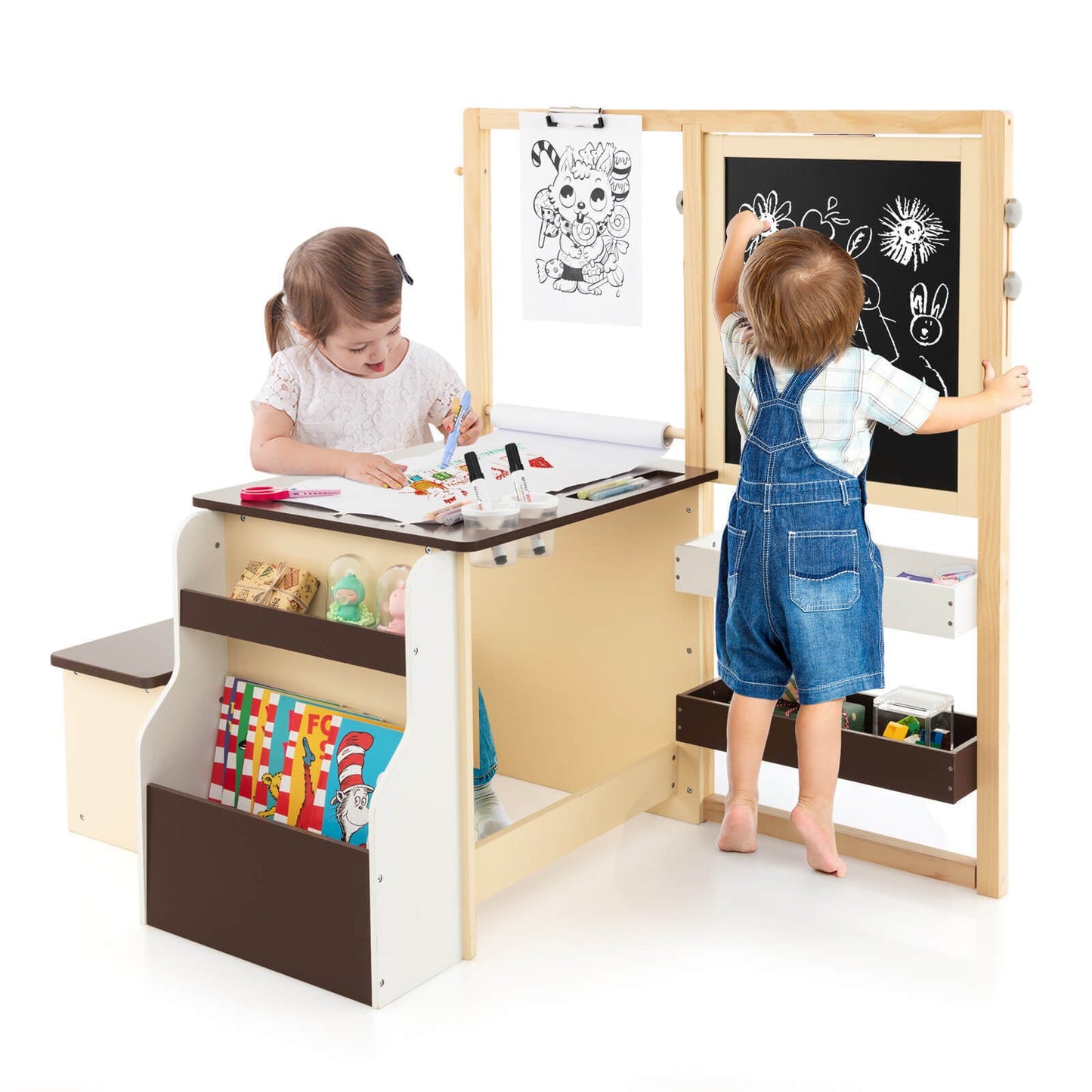 Conjunto de Mesa y Banco de Madera para Niños - Marrón
