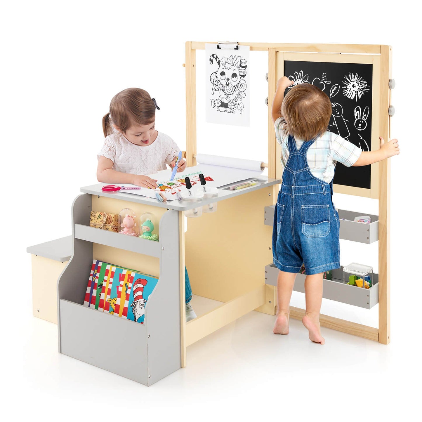Conjunto de Mesa y Banco de Madera para Niños - Gris