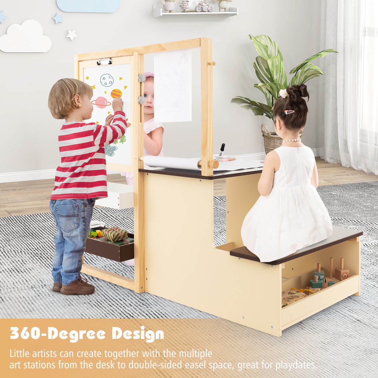 Conjunto de Mesa y Banco de Madera para Niños - Marrón
