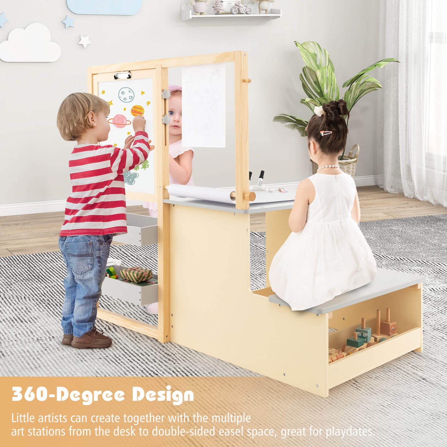 Conjunto de Mesa y Banco de Madera para Niños - Gris