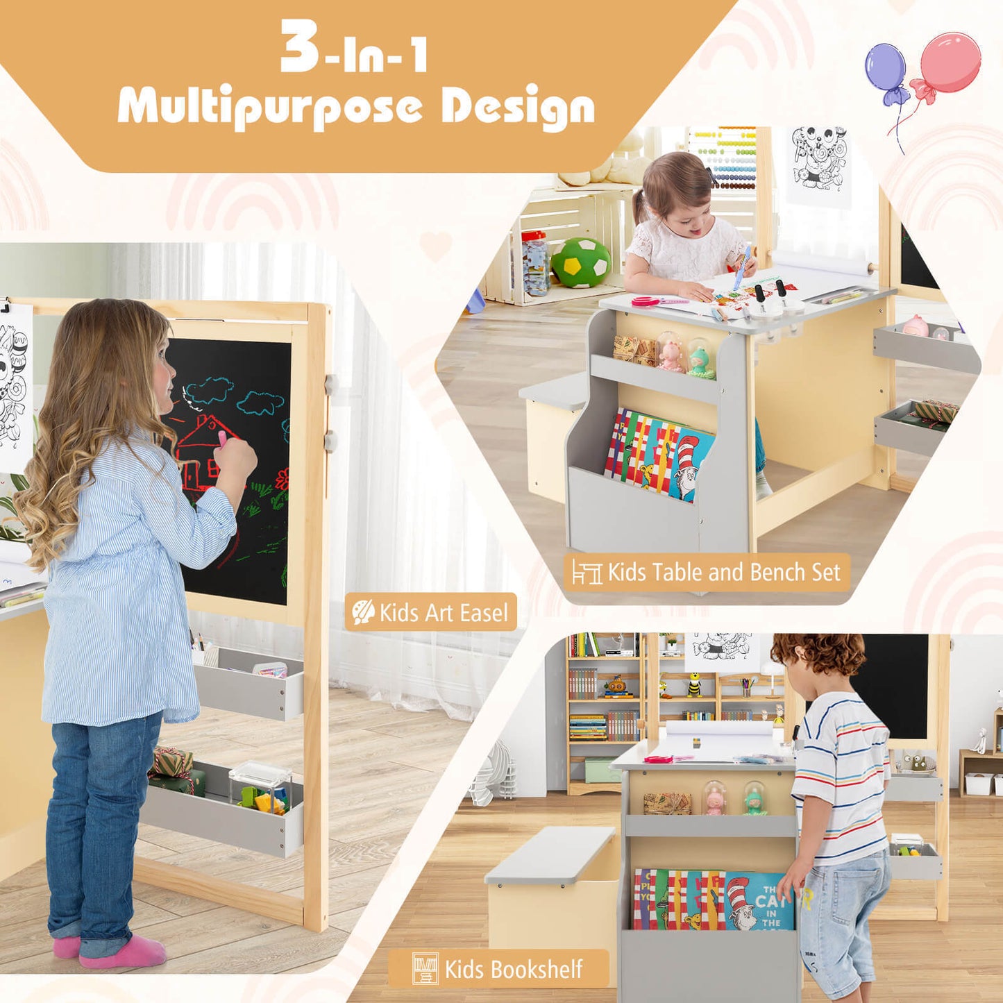 Conjunto de Mesa y Banco de Madera para Niños - Gris