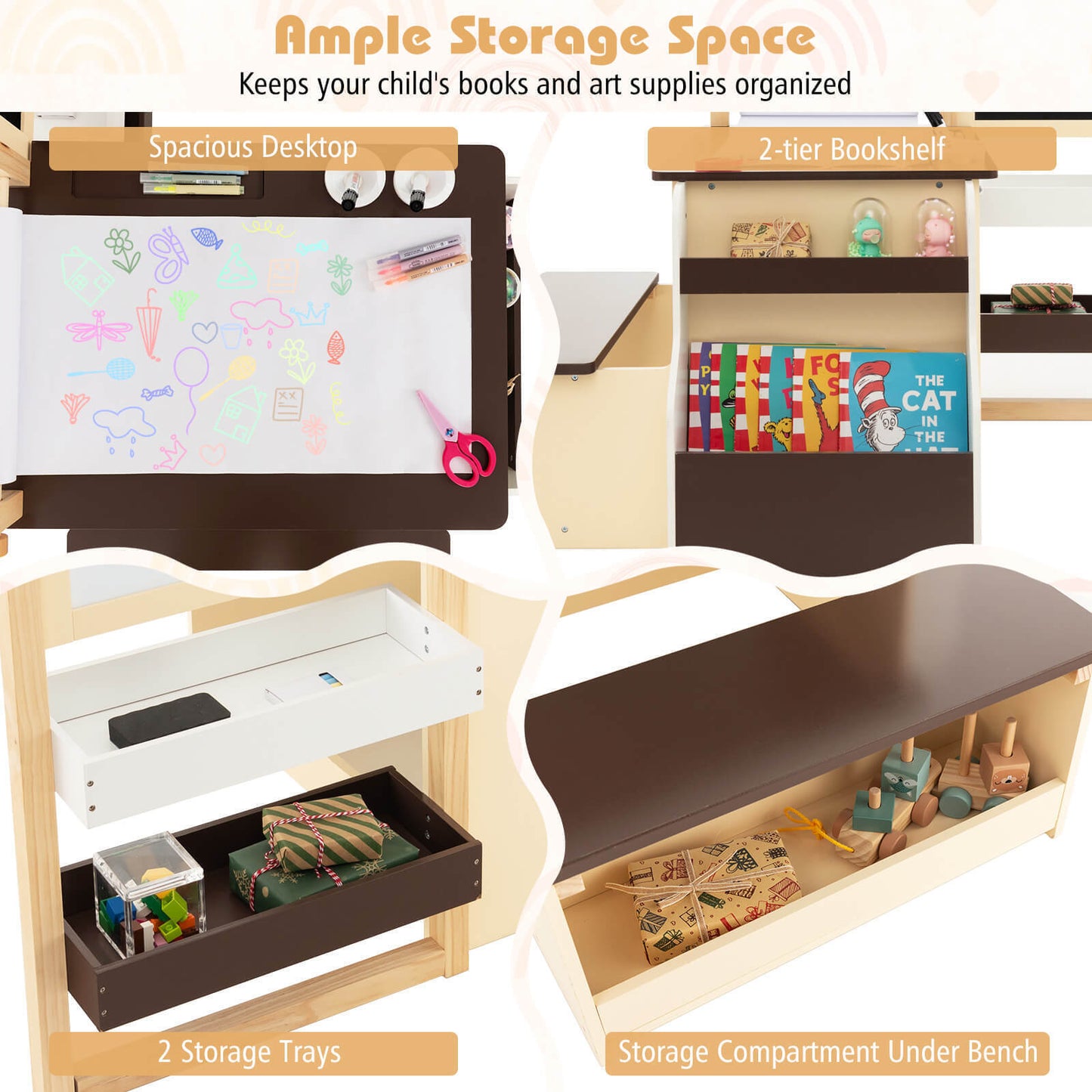 Conjunto de Mesa y Banco de Madera para Niños - Marrón