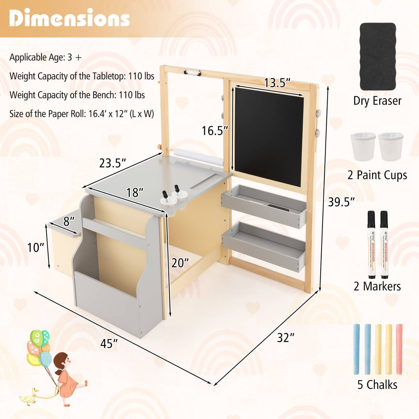 Conjunto de Mesa y Banco de Madera para Niños - Gris