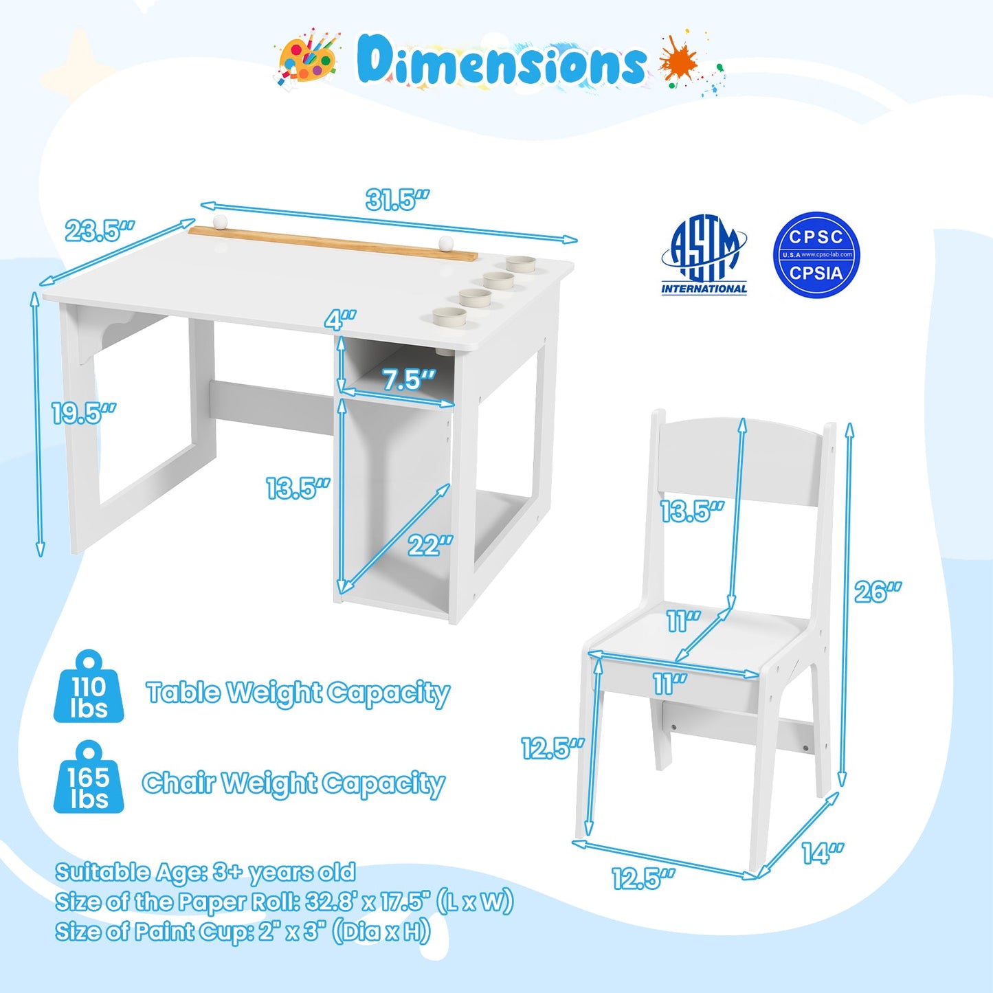 Ensemble de table et chaise d'art pour enfants - Blanc