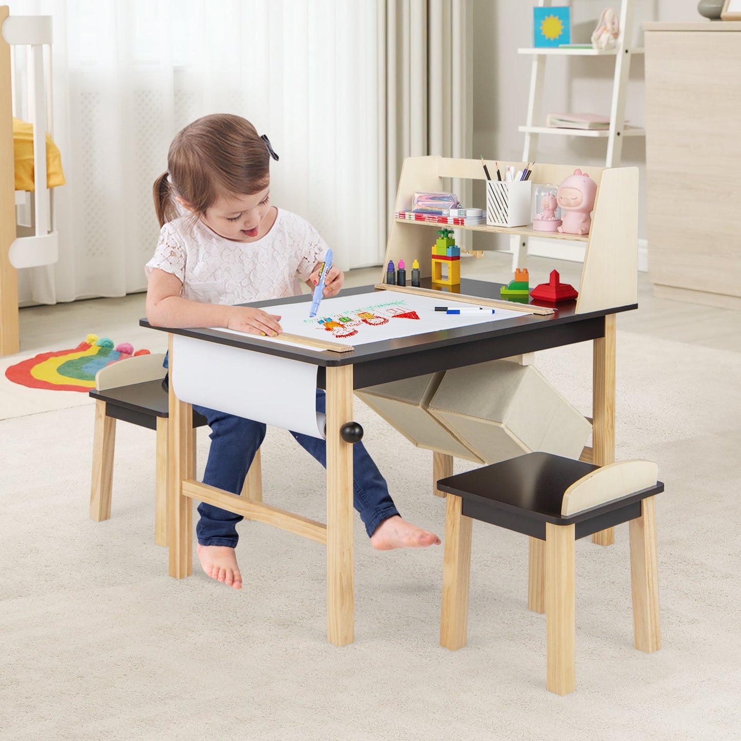 Kids Art Table and Chairs Set with Paper Roll and Storage Bins - Coffee