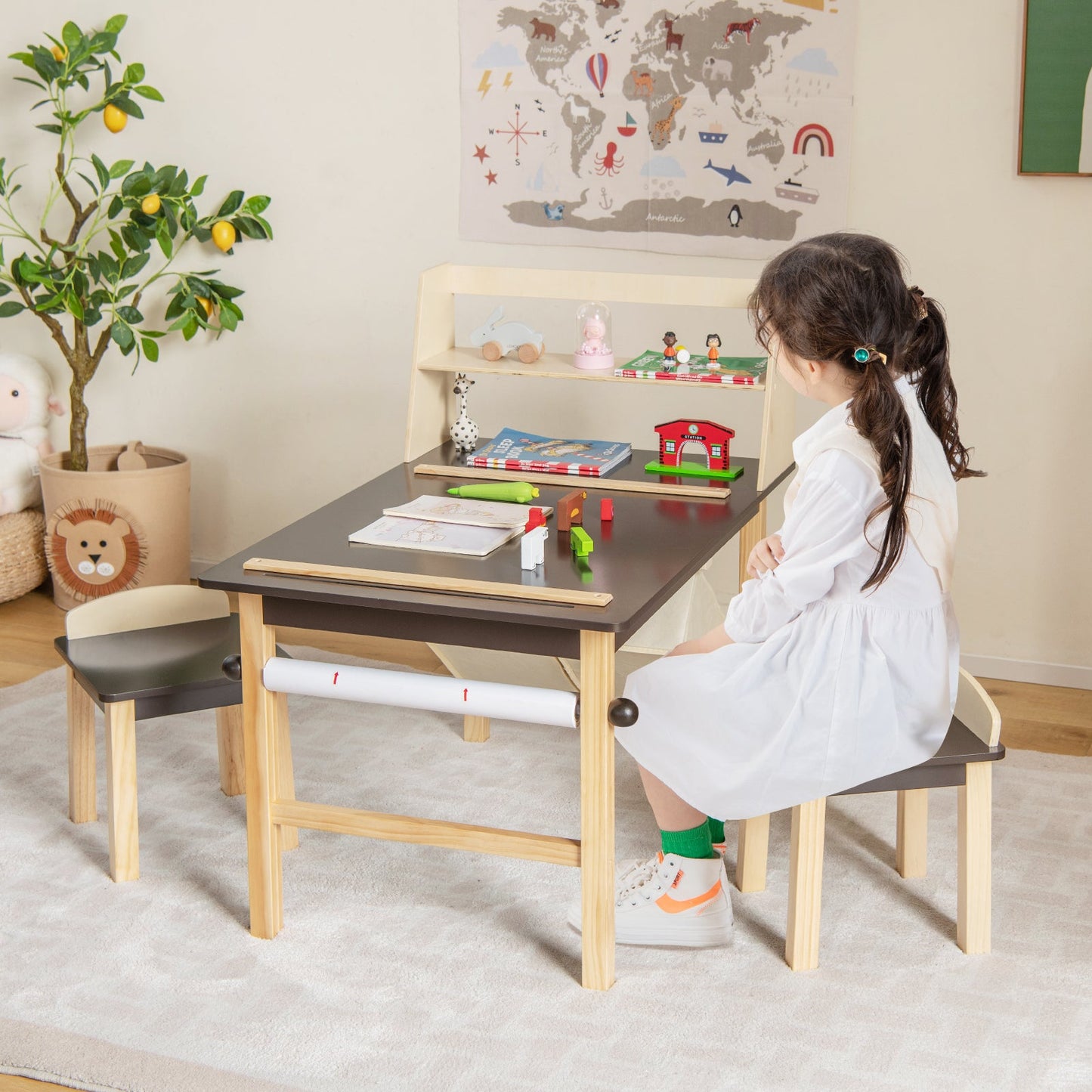 Kids Art Table and Chairs Set with Paper Roll and Storage Bins - Coffee