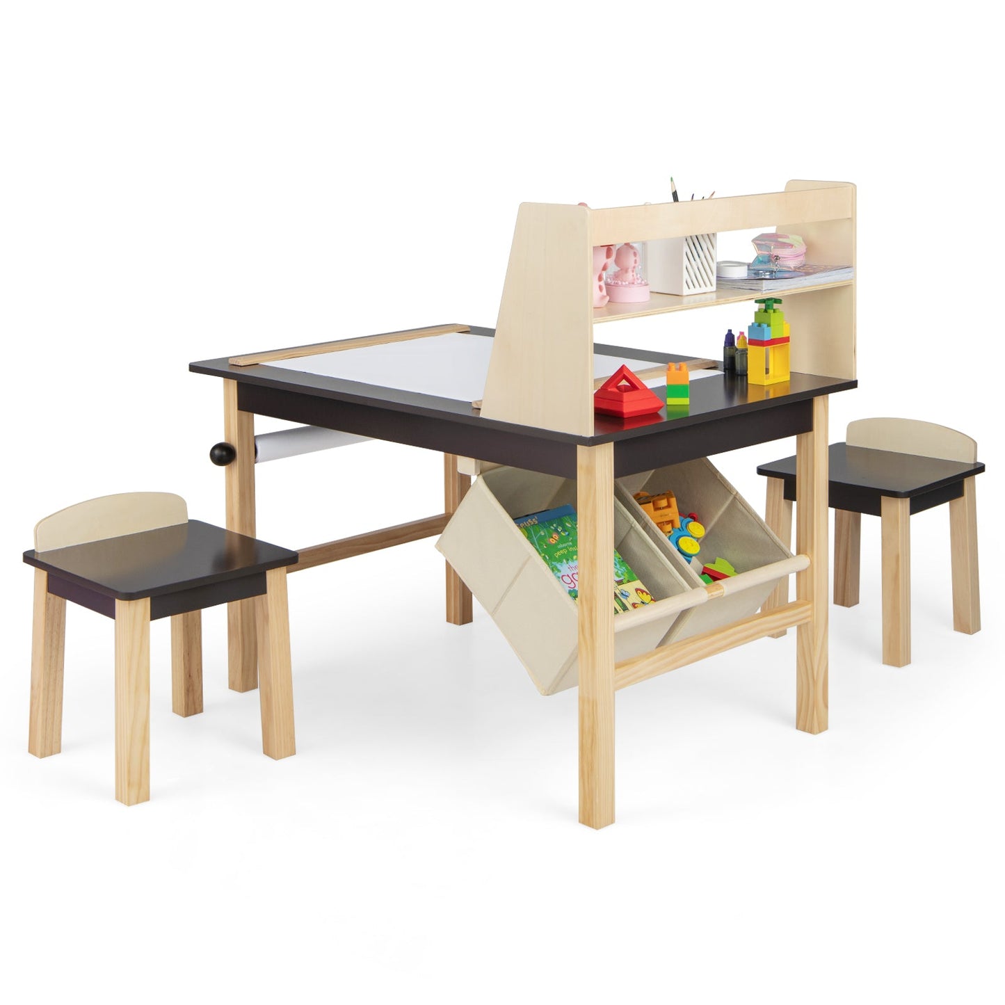 Kids Art Table and Chairs Set with Paper Roll and Storage Bins - Coffee