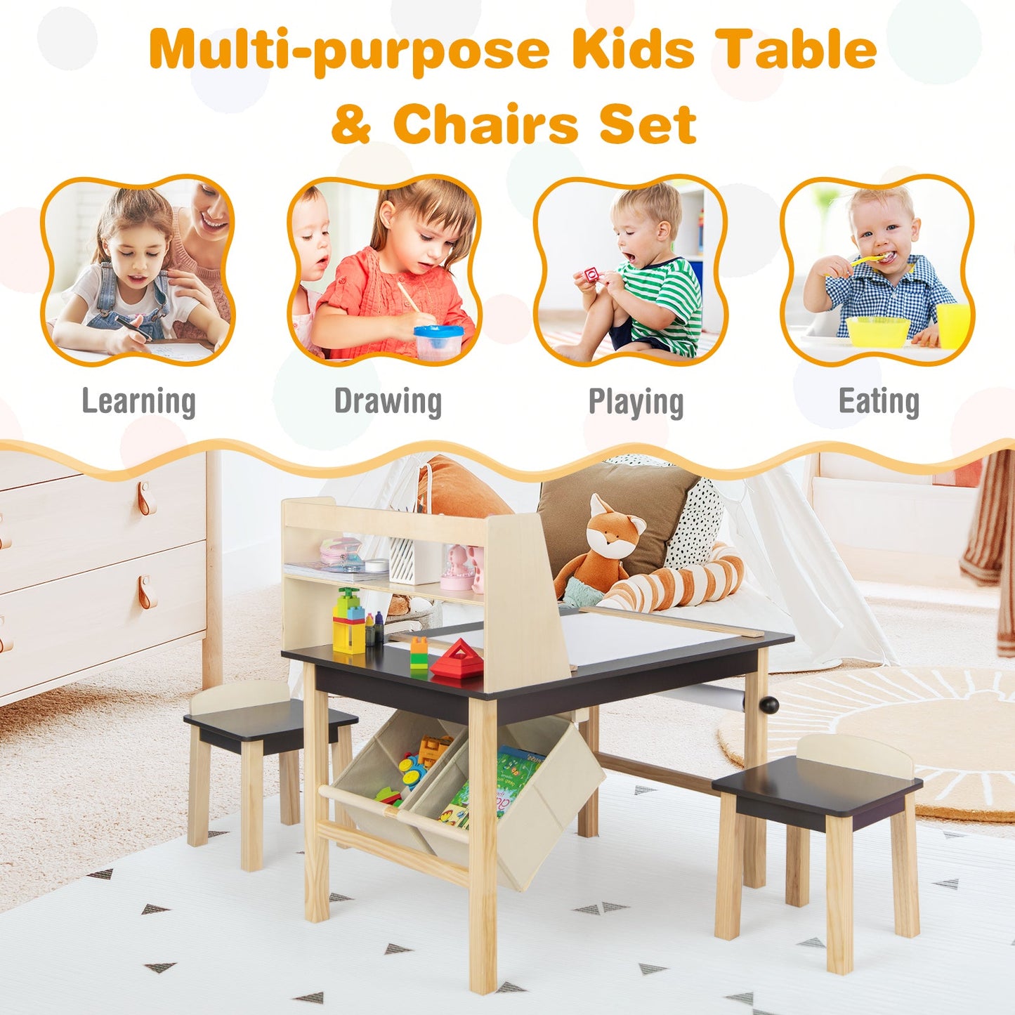 Kids Art Table and Chairs Set with Paper Roll and Storage Bins - Coffee