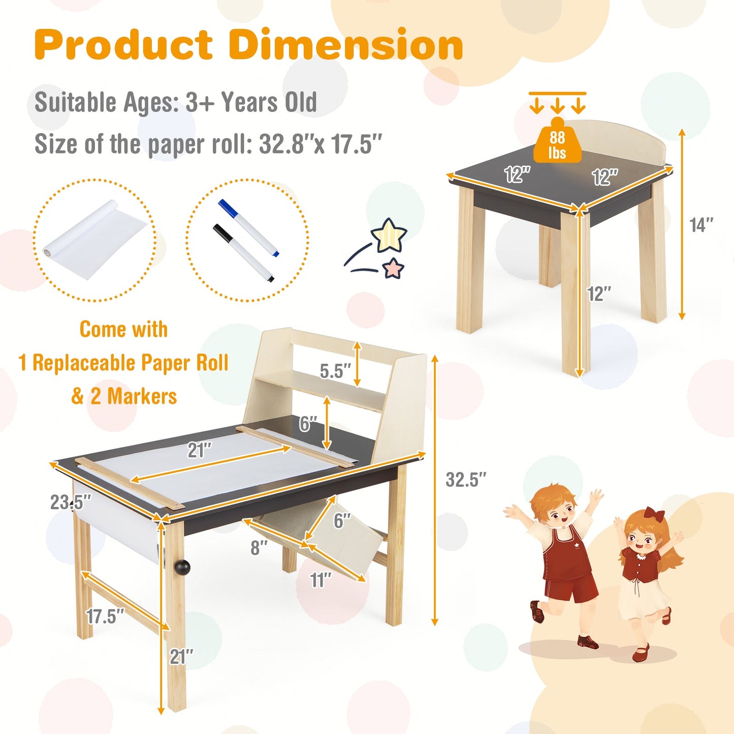 Kids Art Table and Chairs Set with Paper Roll and Storage Bins - Coffee