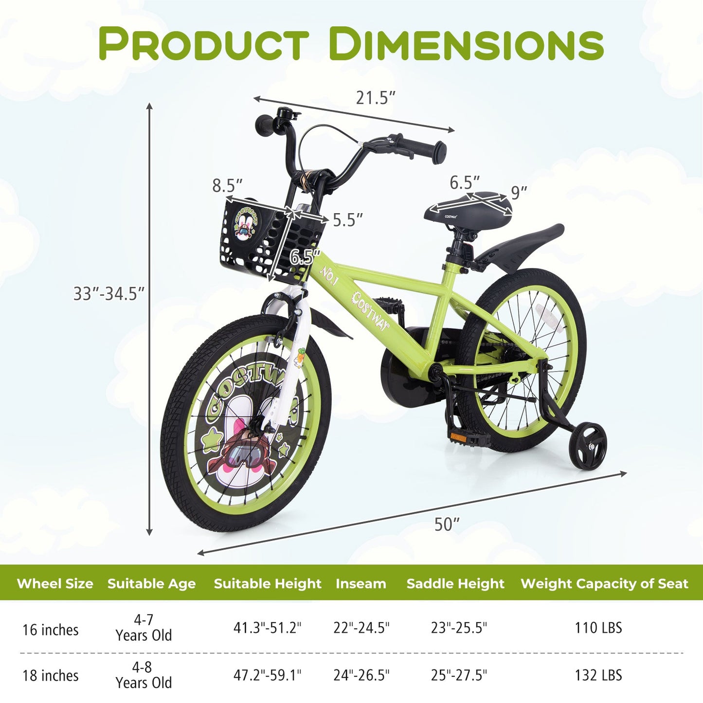 Bicicleta para Niños de 18 Pulgadas con Ruedas de Entrenamiento Ajustables