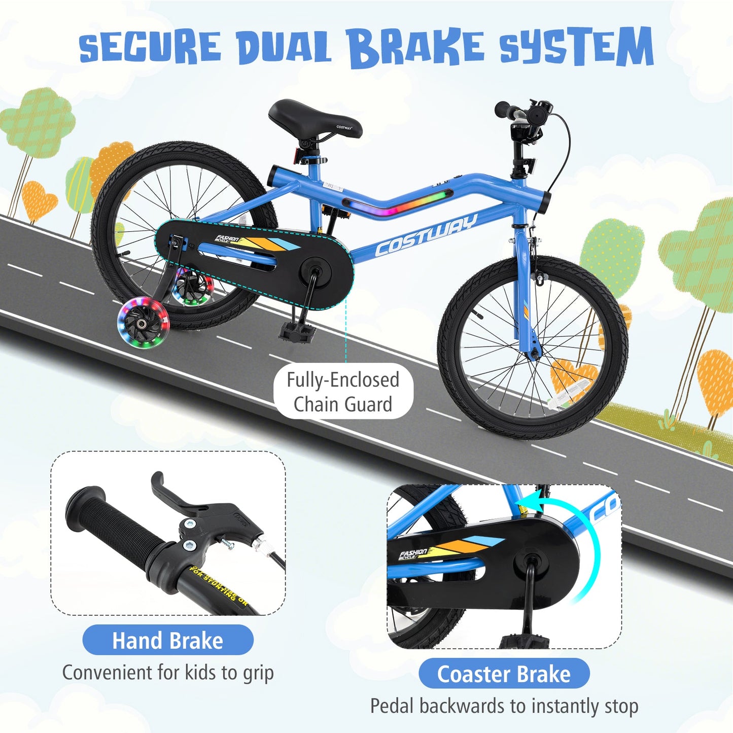 Vélo pour enfants de 18 pouces avec lumières LED et roues d'entraînement réglables