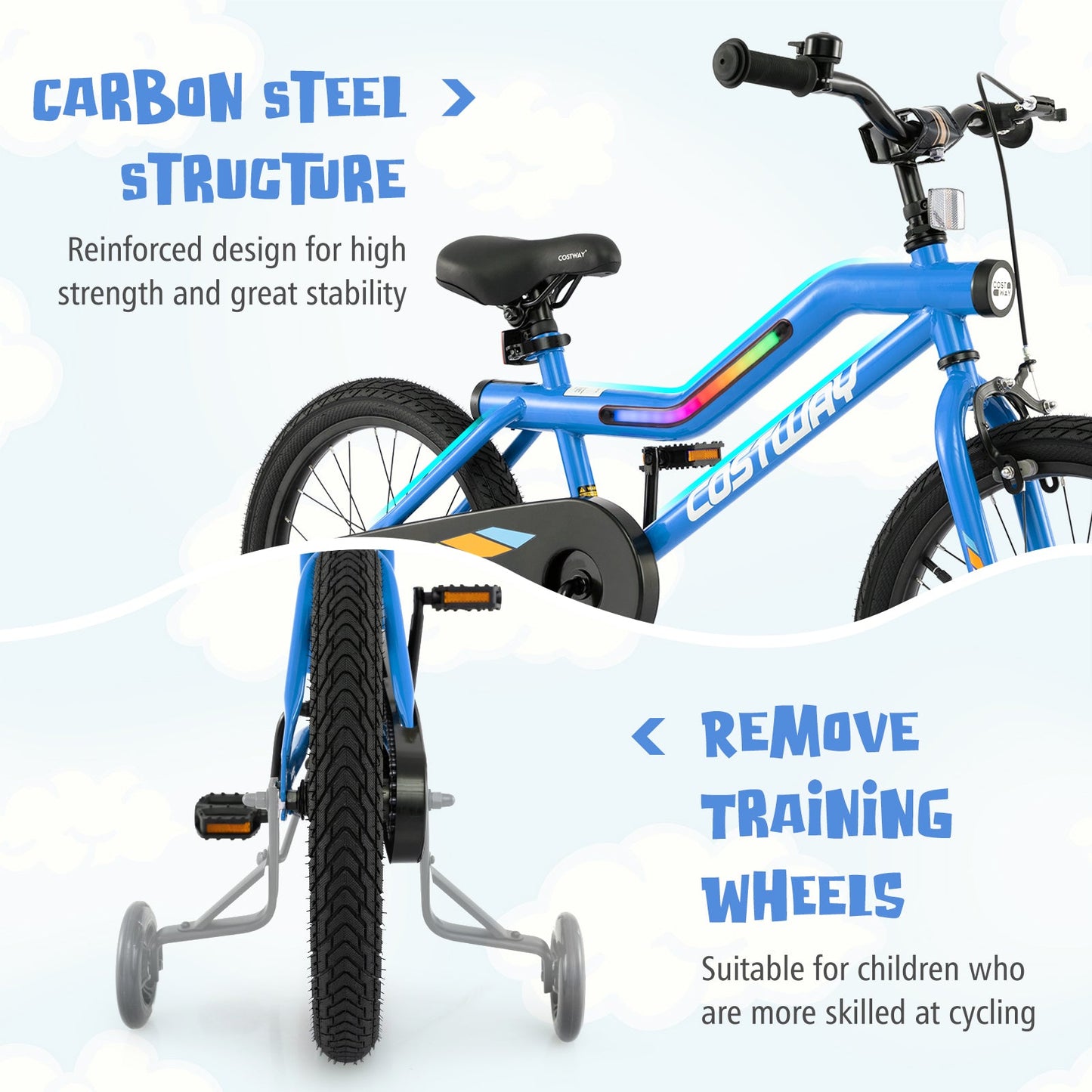 Vélo pour enfants de 18 pouces avec lumières LED et roues d'entraînement réglables