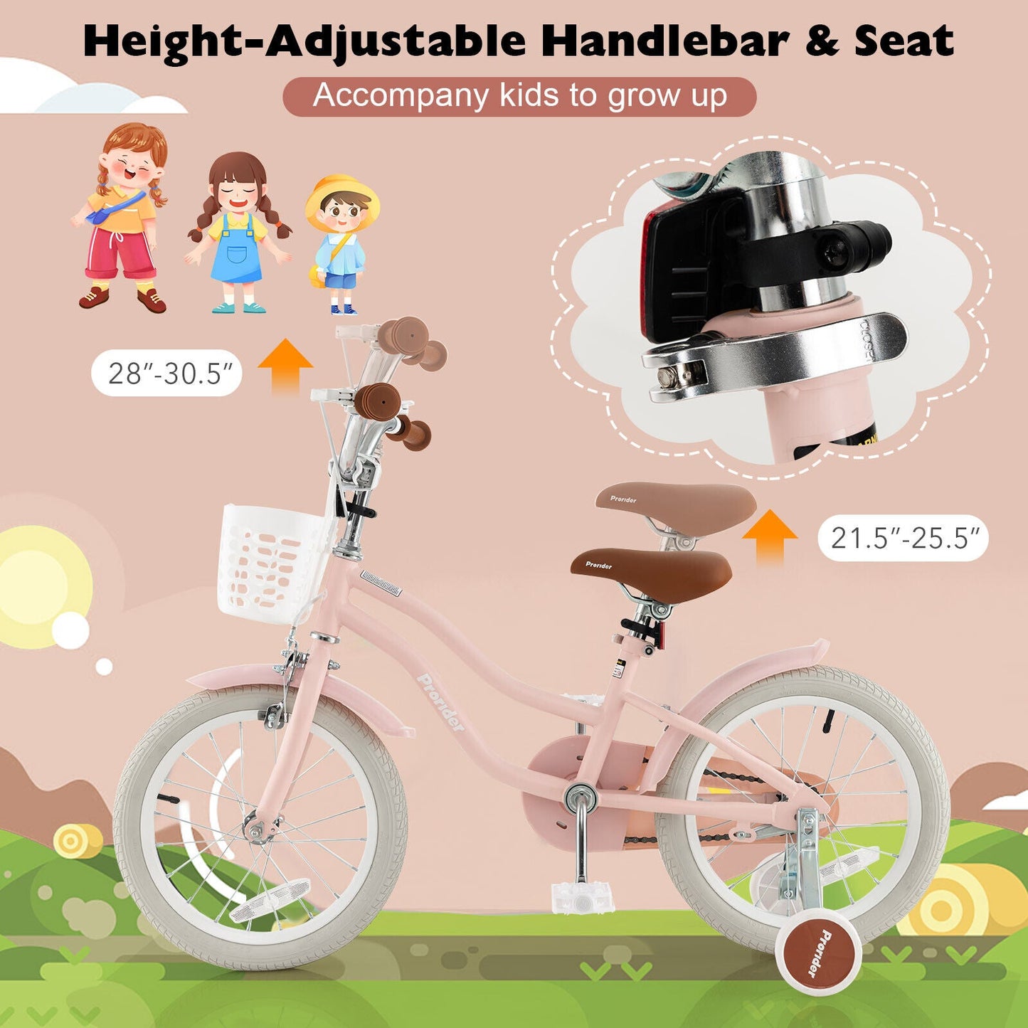 Vélo pour enfants de 16 pouces avec frein avant et roues d'entraînement - Rose