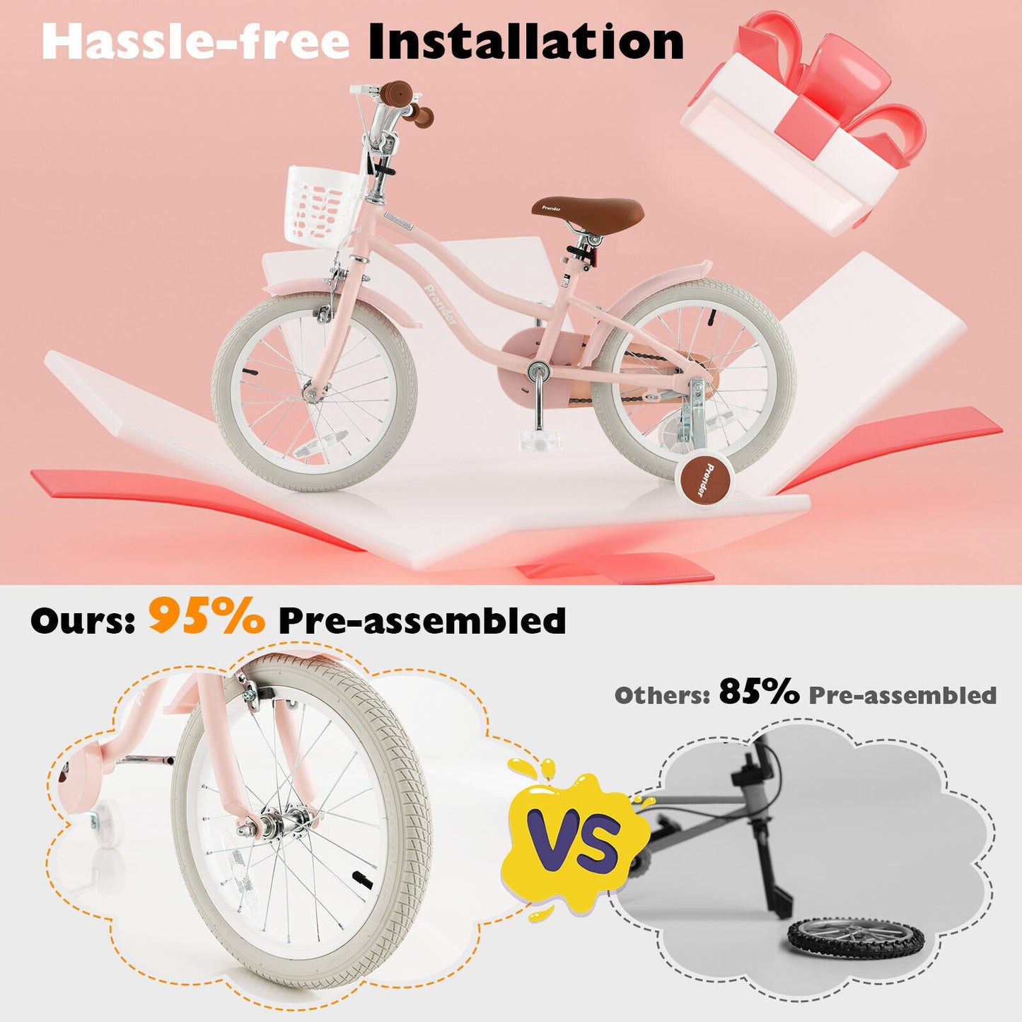 Vélo pour enfants de 16 pouces avec frein avant et roues d'entraînement - Rose