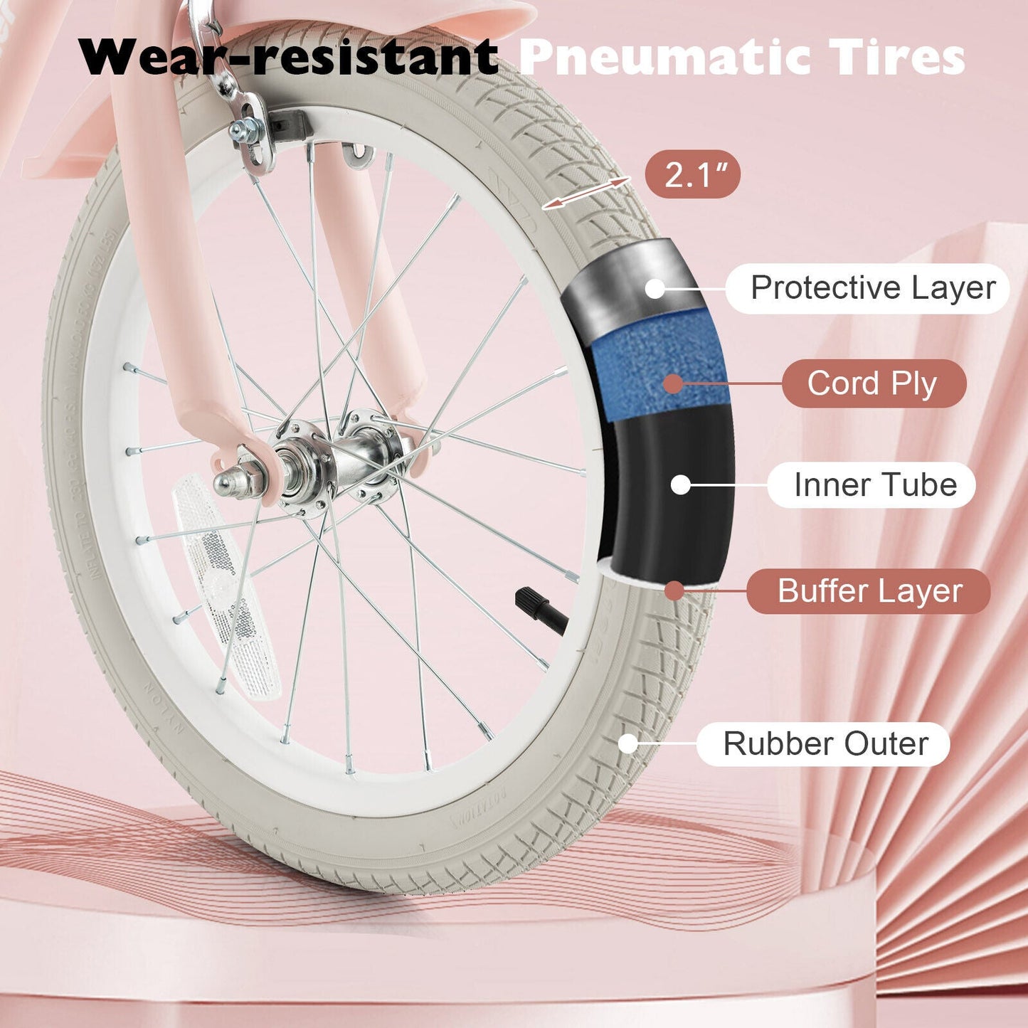 Vélo pour enfants de 16 pouces avec frein avant et roues d'entraînement - Rose