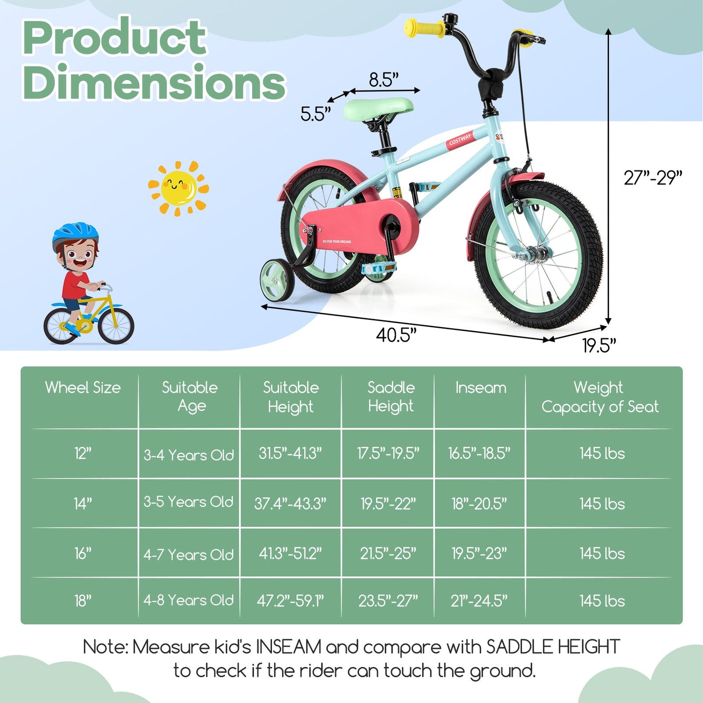 Kids Bike with Adjustable Handlebar and Saddle - 14 inches