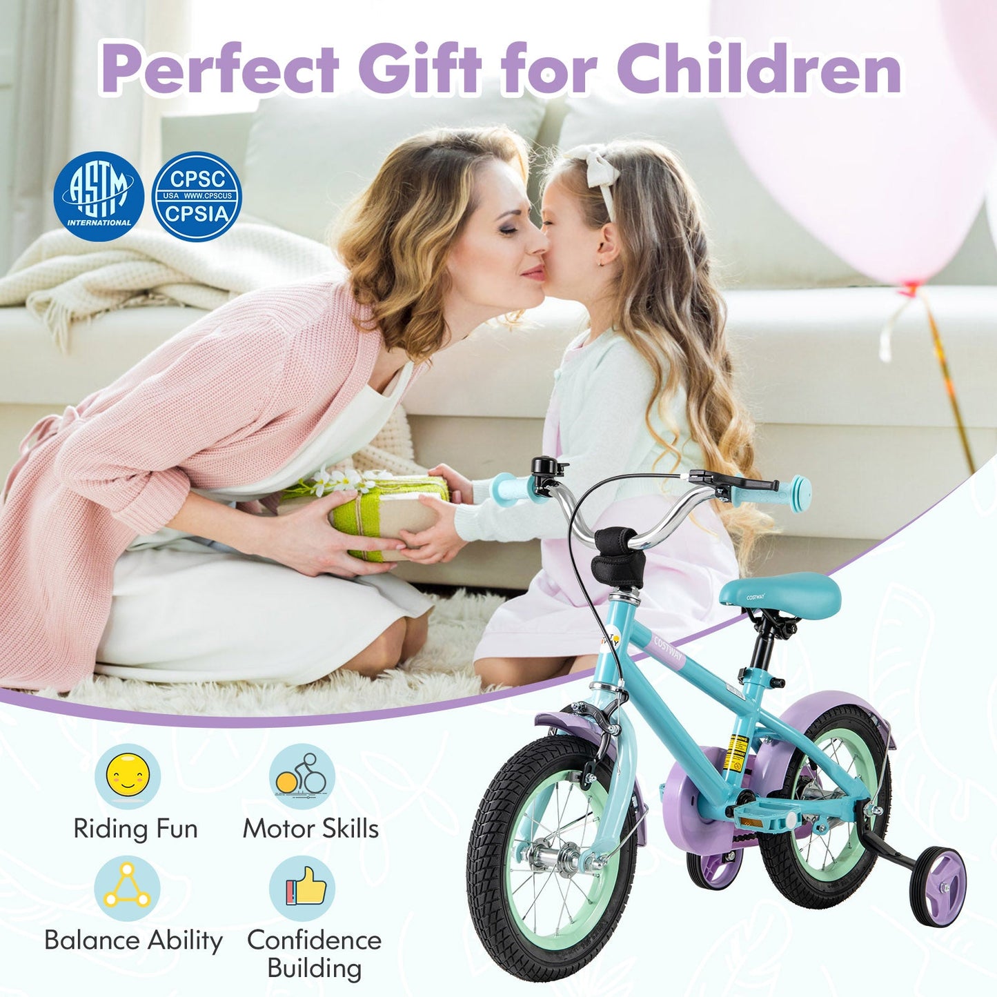 Kids Bike with Adjustable Handlebar and Saddle - Purple 12 Inches