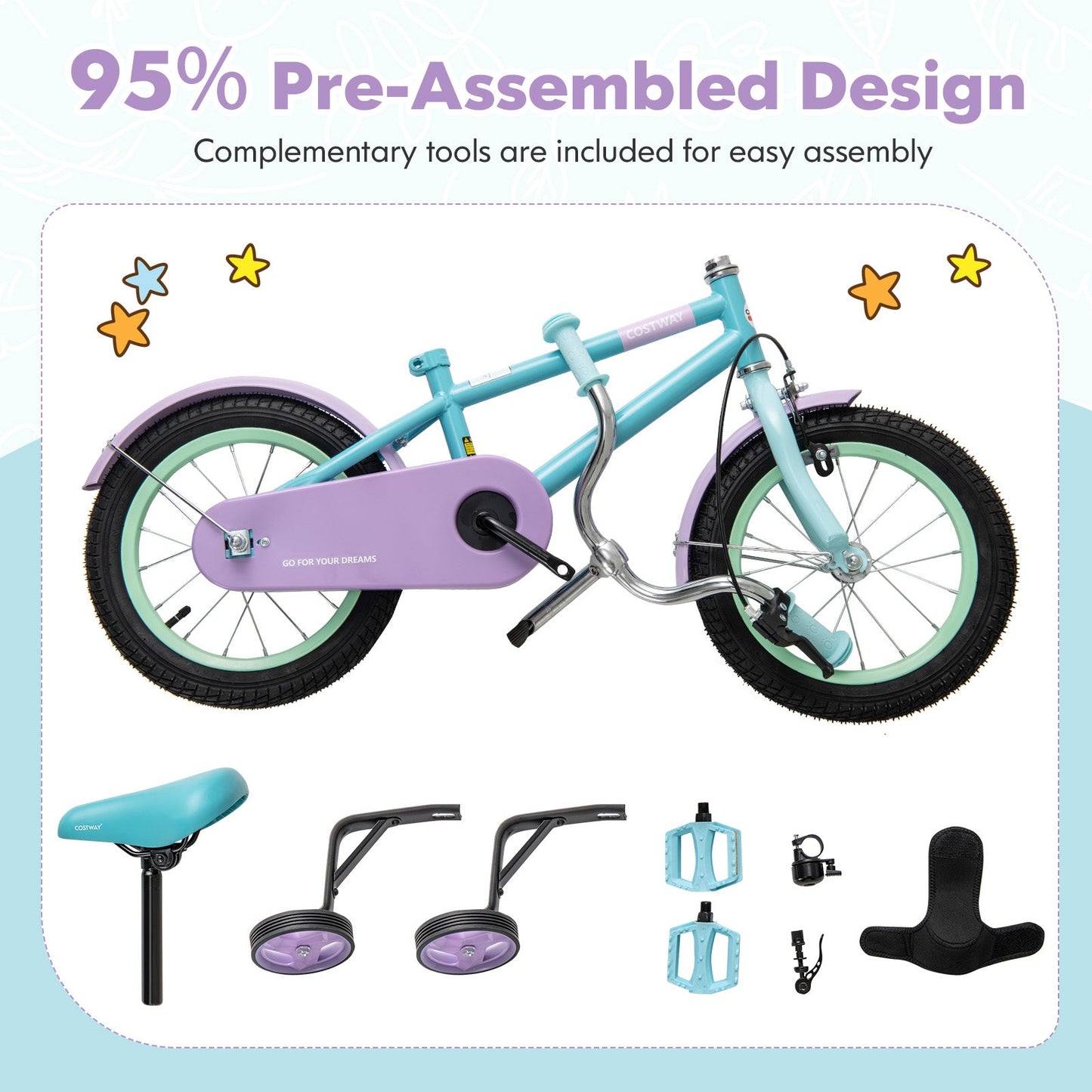 Kids Bike with Adjustable Handlebar and Saddle - Purple 12 Inches