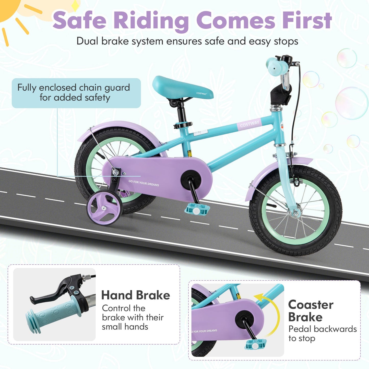 Kids Bike with Adjustable Handlebar and Saddle - Purple 12 Inches
