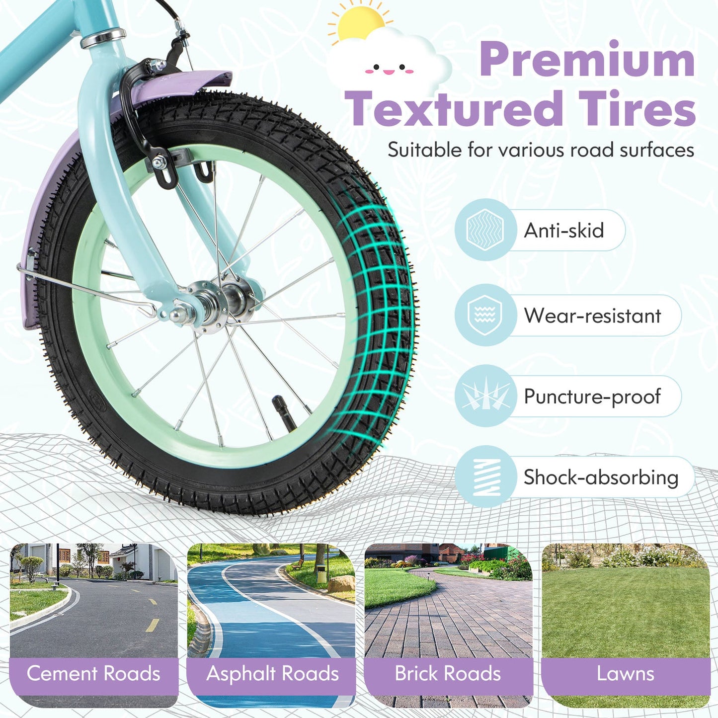 Bicicleta para Niños con Manillar y Sillín Ajustables - Morado 14 Pulgadas