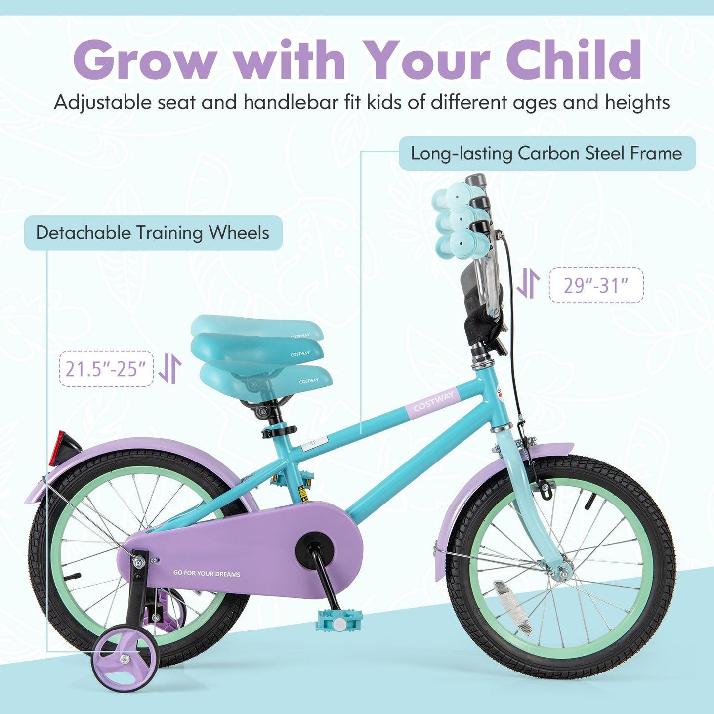 Bicicleta para Niños con Manillar y Sillín Ajustables - 16 Pulgadas, Púrpura