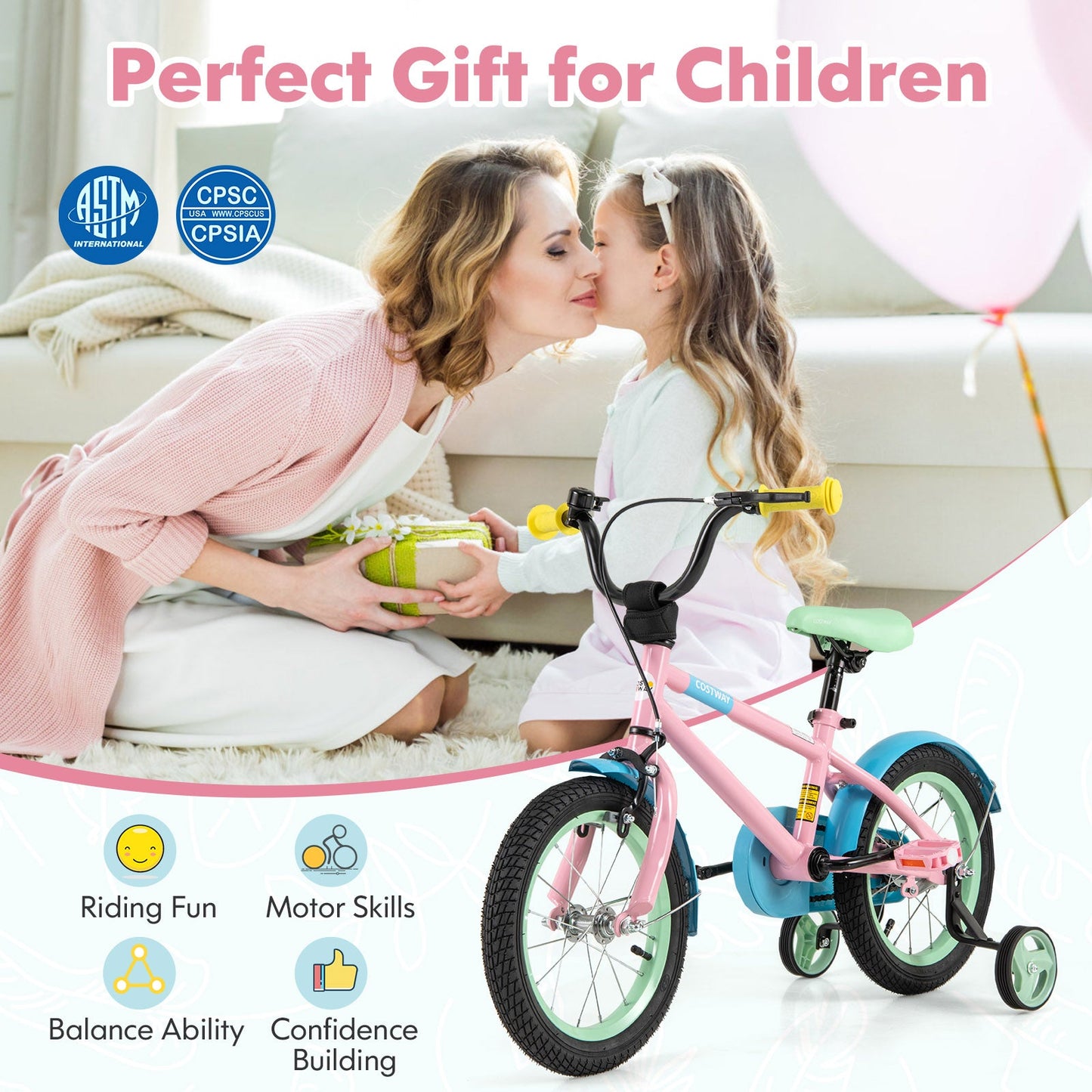Adjustable Kids Bike - Pink 14 Inches