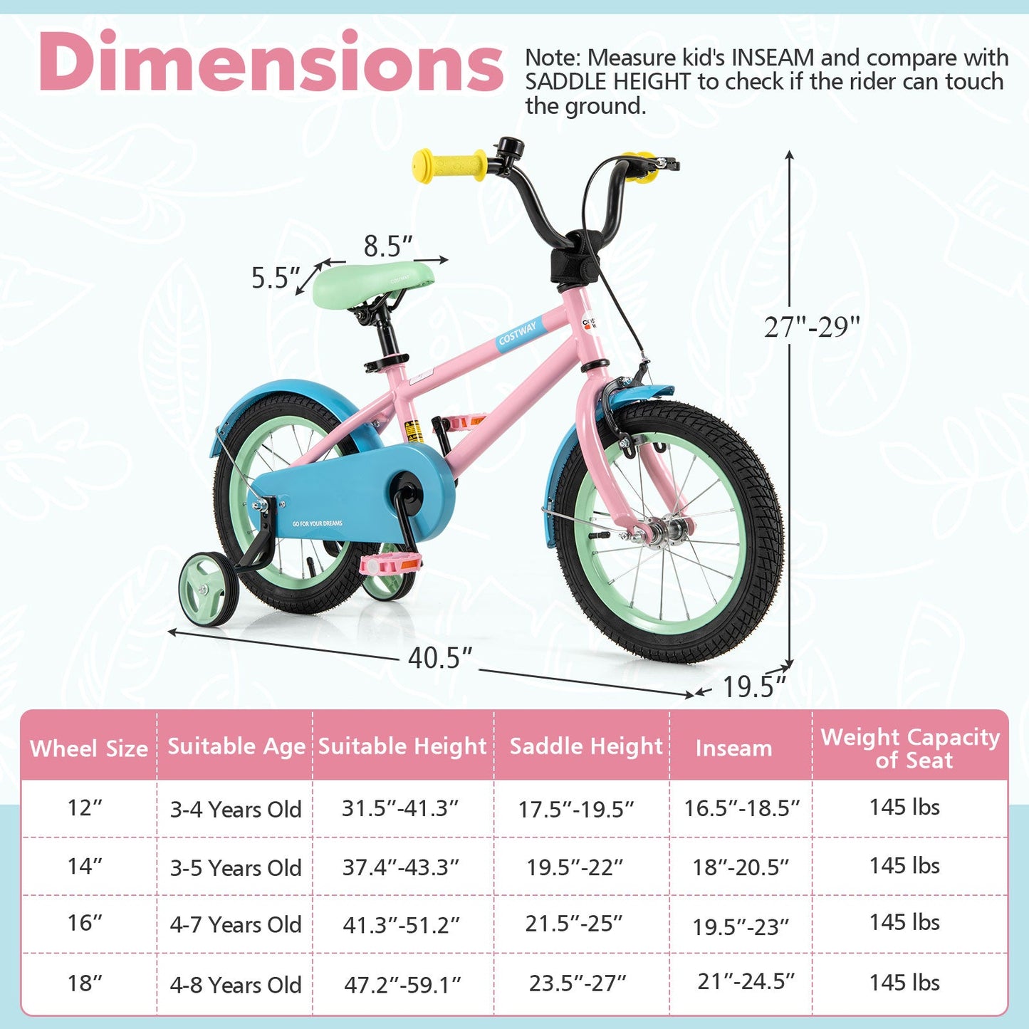 Adjustable Kids Bike - Pink 14 Inches