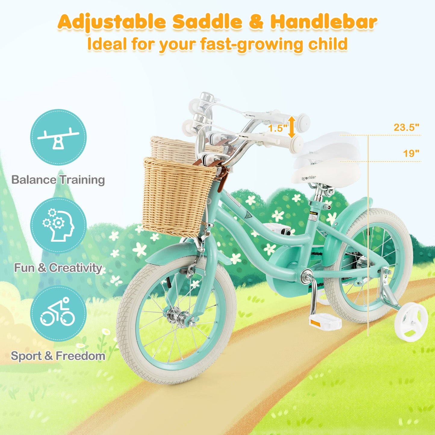 14-Inch Kids Bike with Training Wheels - Green