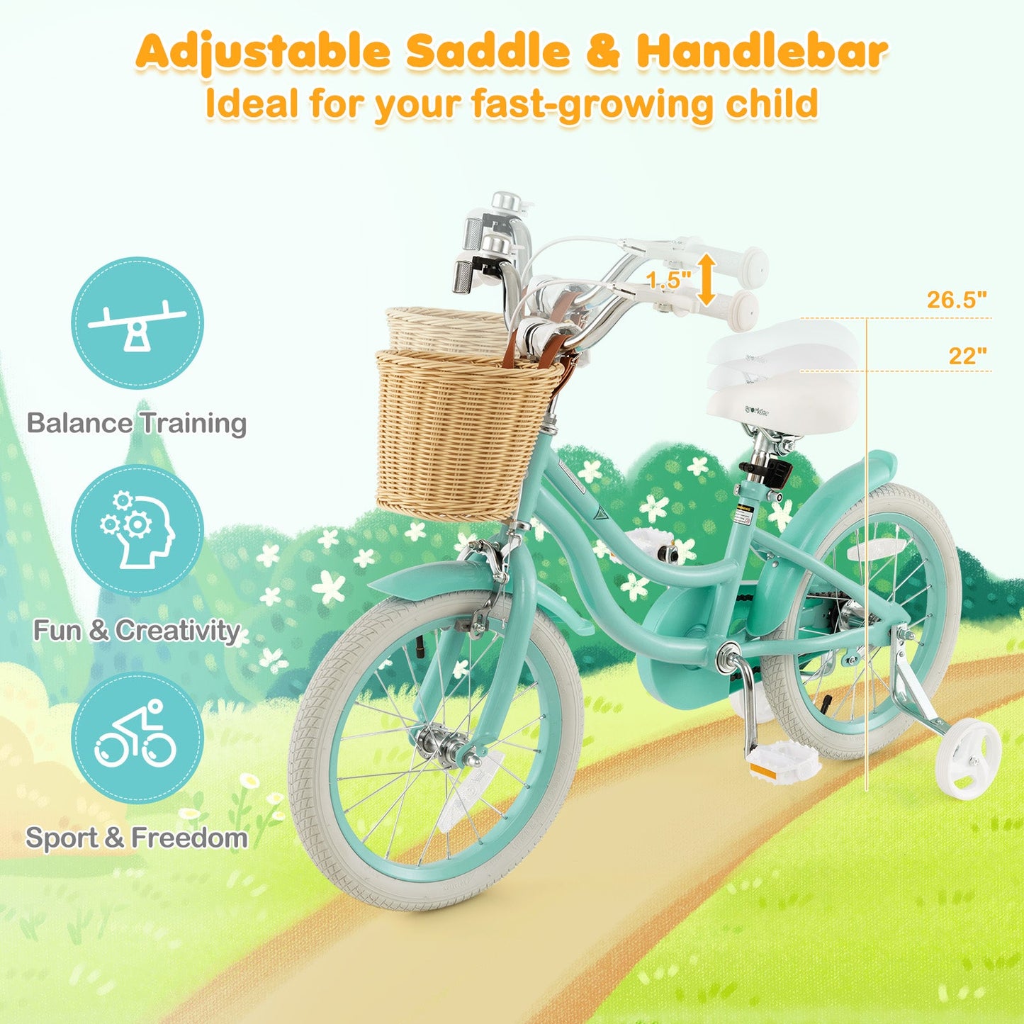 Bicicleta para Niños de 16 Pulgadas con Ruedas de Entrenamiento - Verde