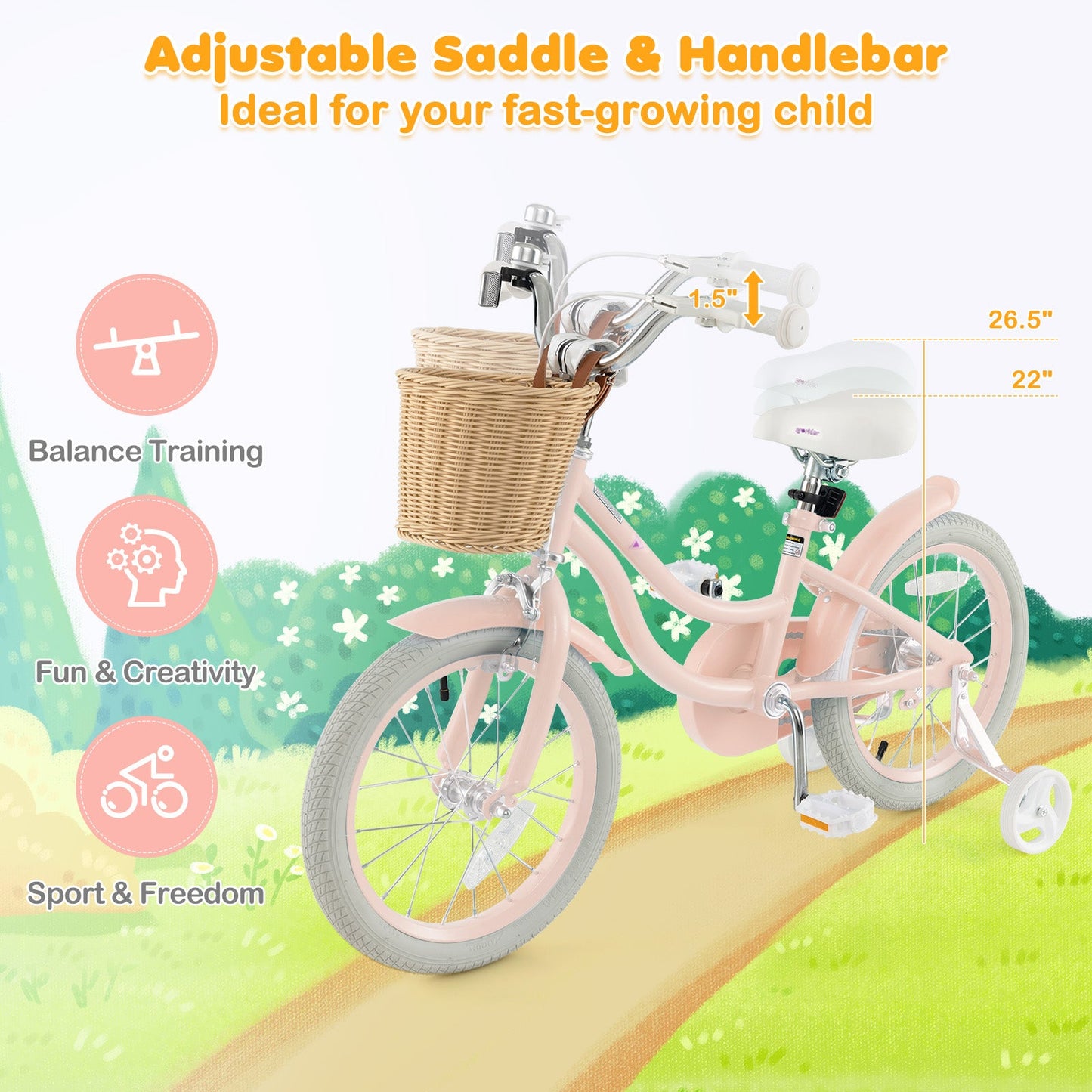 16-Inch Kids Bike with Training Wheels - Pink