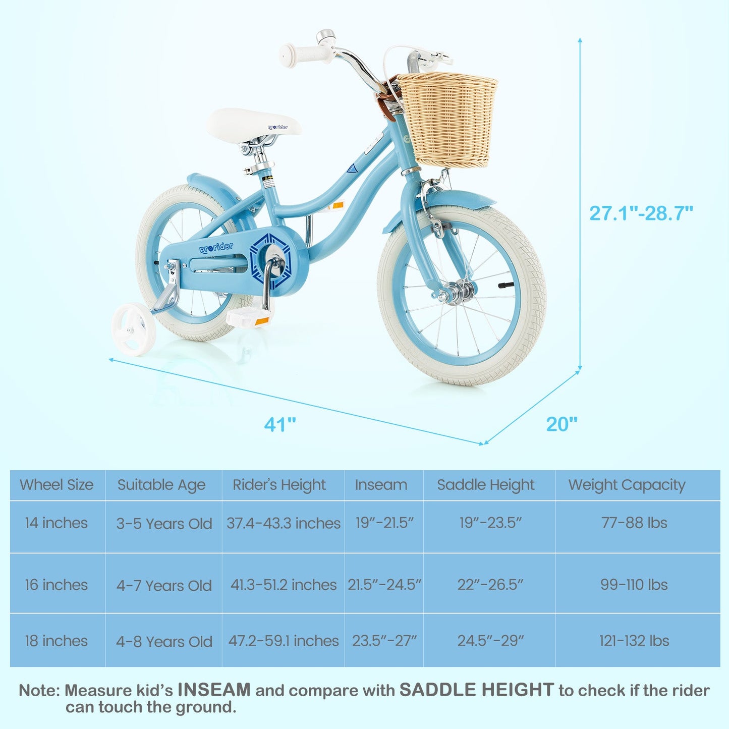 Vélo pour enfants de 14 pouces avec roues d'entraînement - Bleu