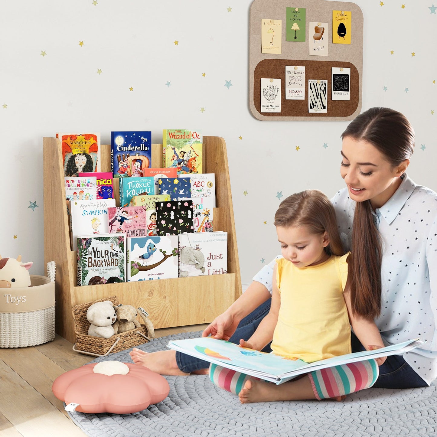Estantería para Niños de 4 Niveles con Compartimentos Profundos - Acabado Natural