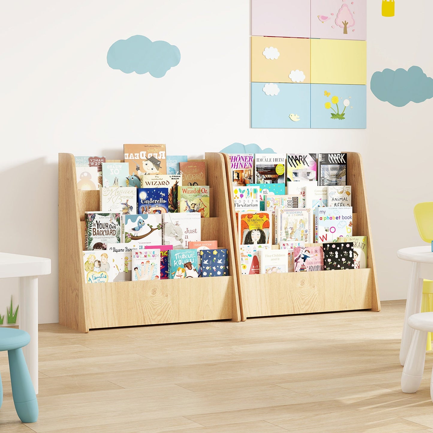 Estantería para Niños de 4 Niveles con Compartimentos Profundos - Acabado Natural