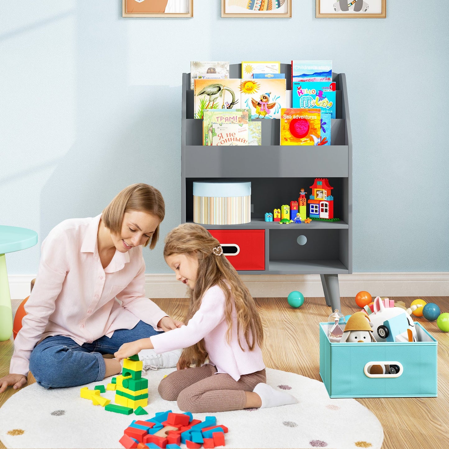 Kids Bookshelf with Open Compartment - Gray