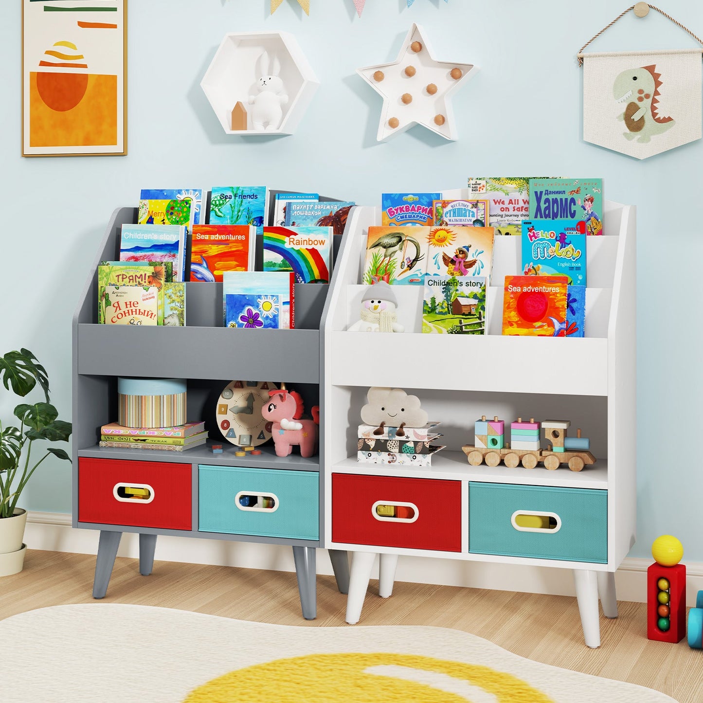 Kids Bookshelf with Open Compartment - Gray