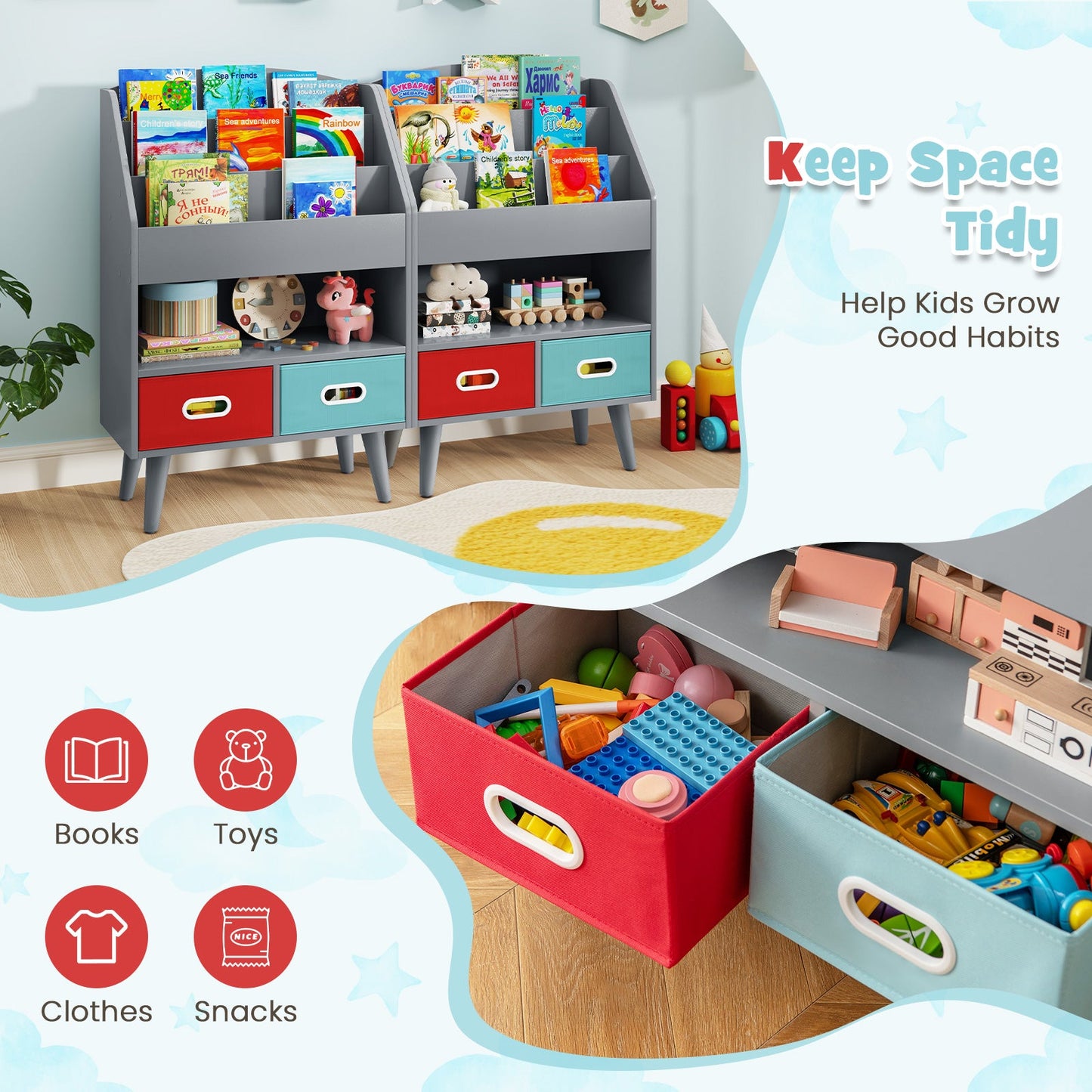 Kids Bookshelf with Open Compartment - Gray