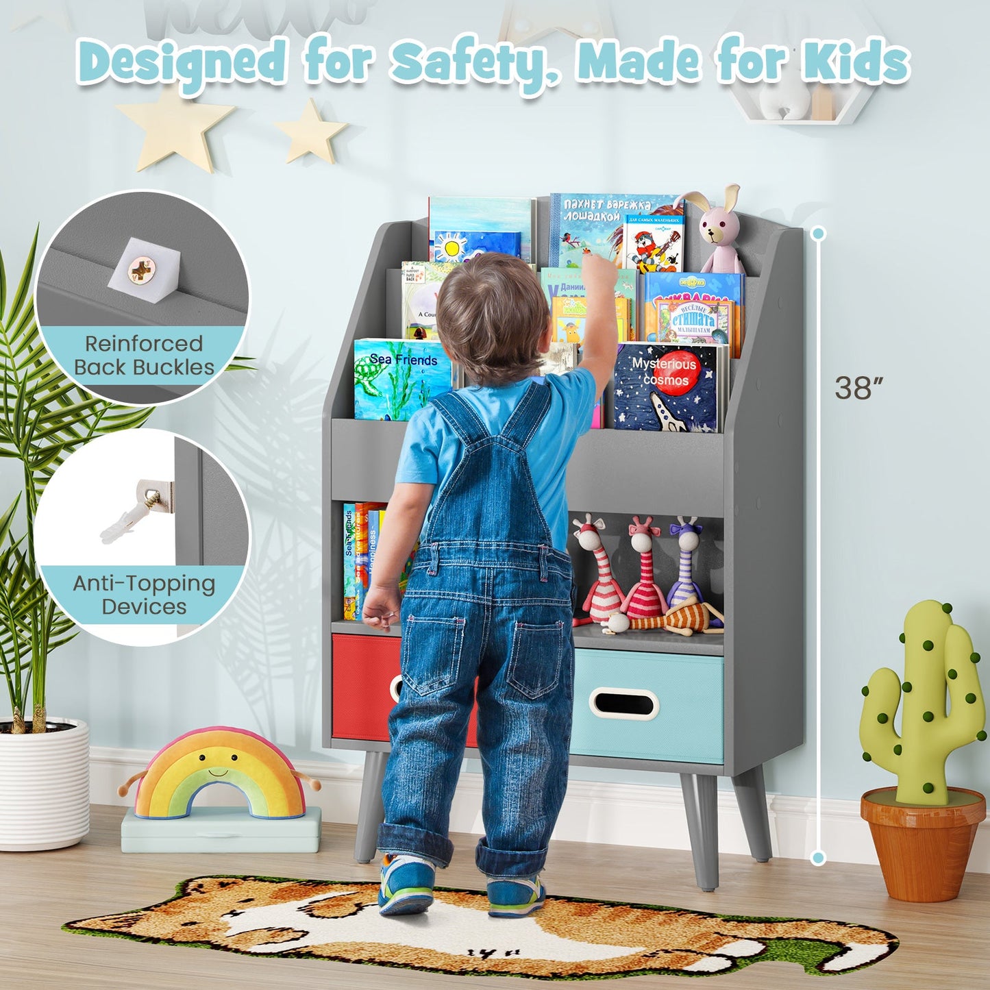 Kids Bookshelf with Open Compartment - Gray