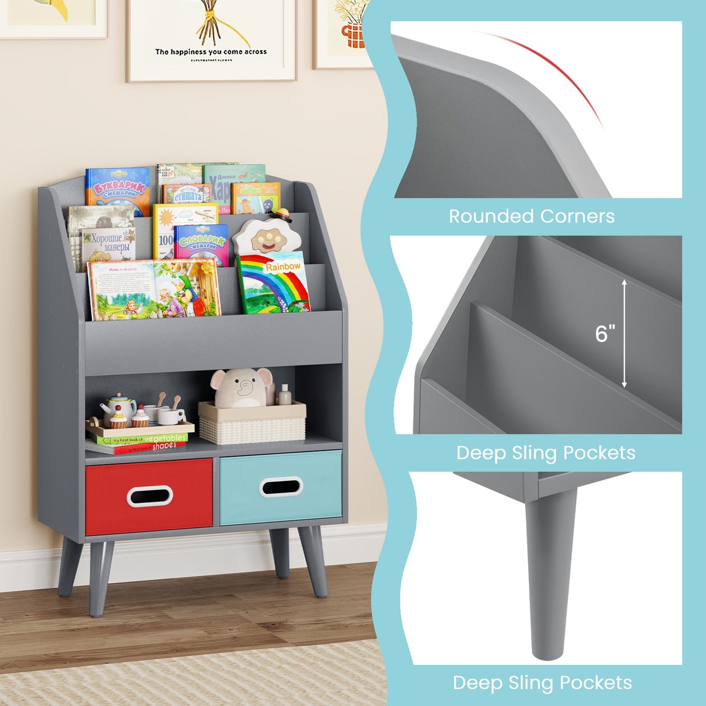 Kids Bookshelf with Open Compartment - Gray