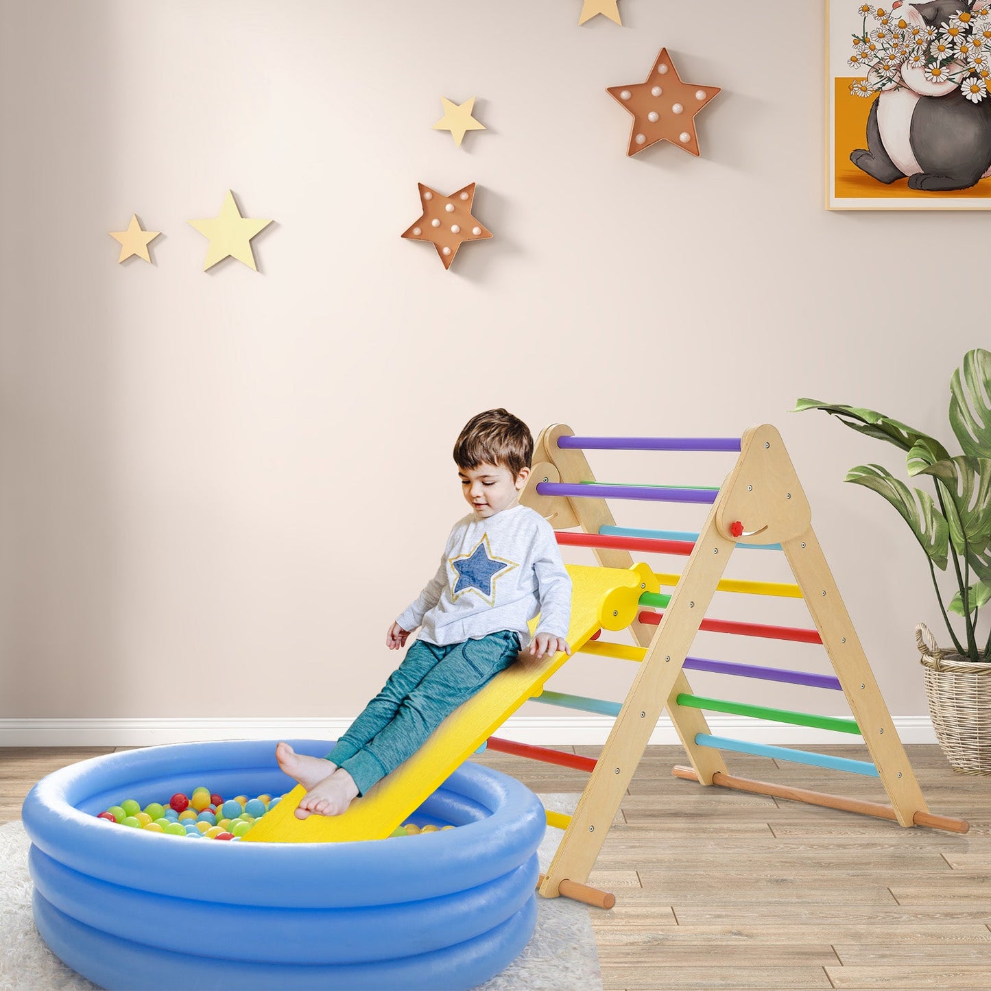 Kids Climbing Triangle Set with Adjustable Ramp - Multicolor