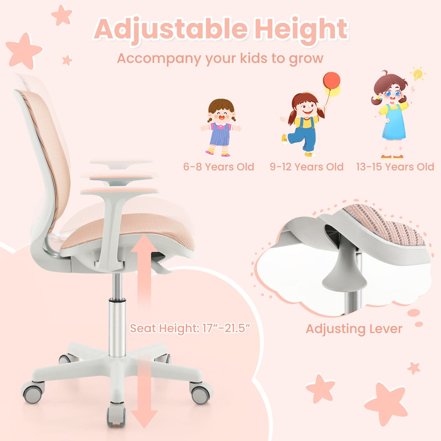 Silla de Computadora Infantil de Malla Giratoria - Altura Ajustable en Rosa