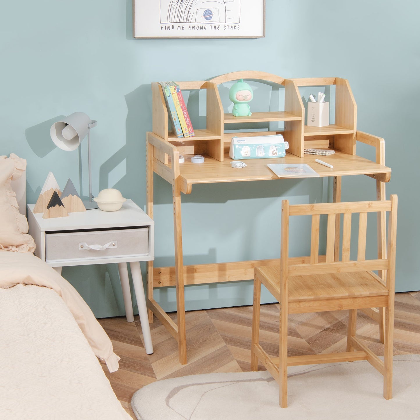 Ensemble Bureau et Chaise en Bambou pour Enfants avec Bibliothèque