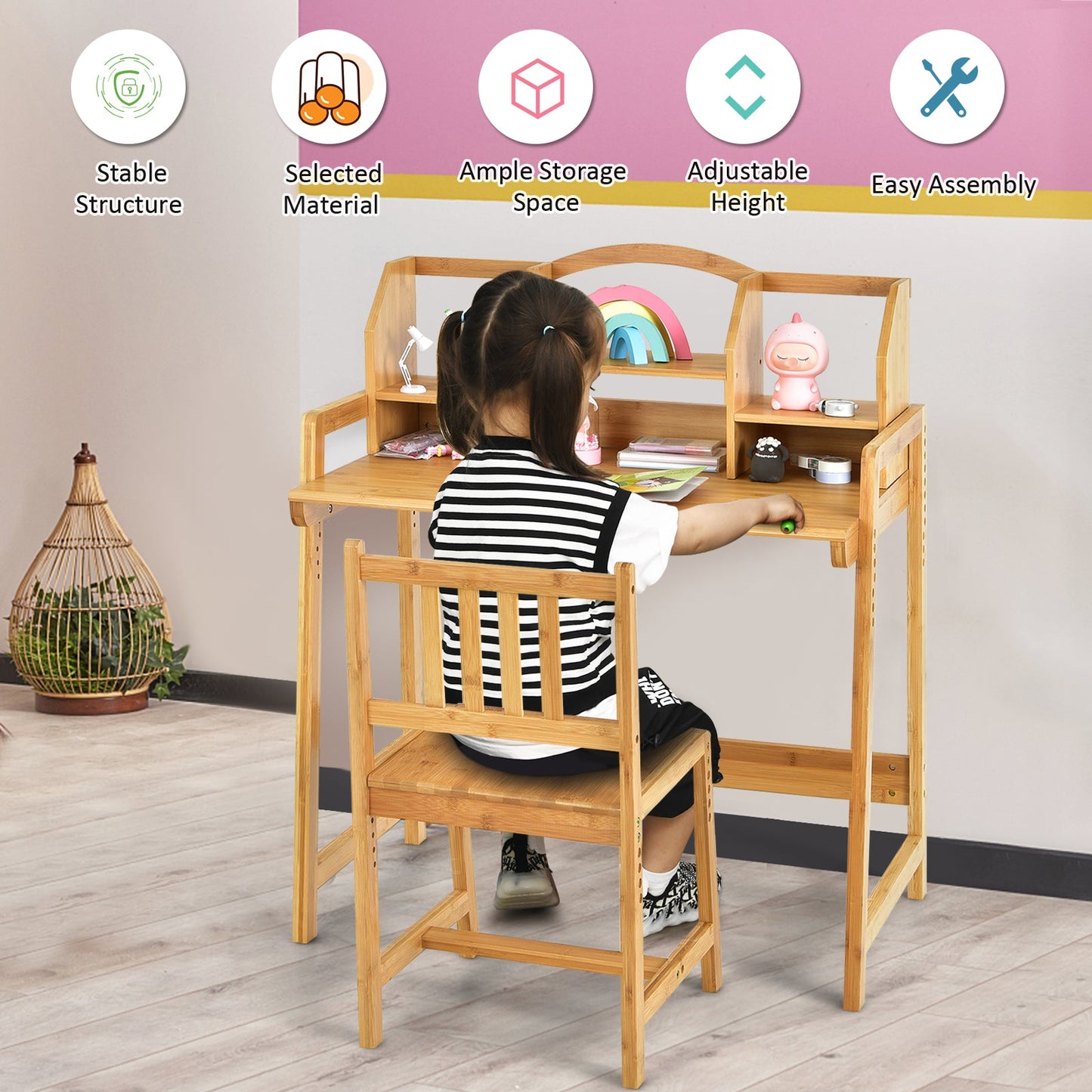 Ensemble Bureau et Chaise en Bambou pour Enfants avec Bibliothèque