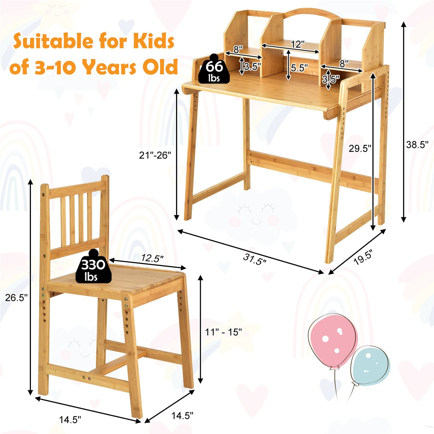 Ensemble Bureau et Chaise en Bambou pour Enfants avec Bibliothèque