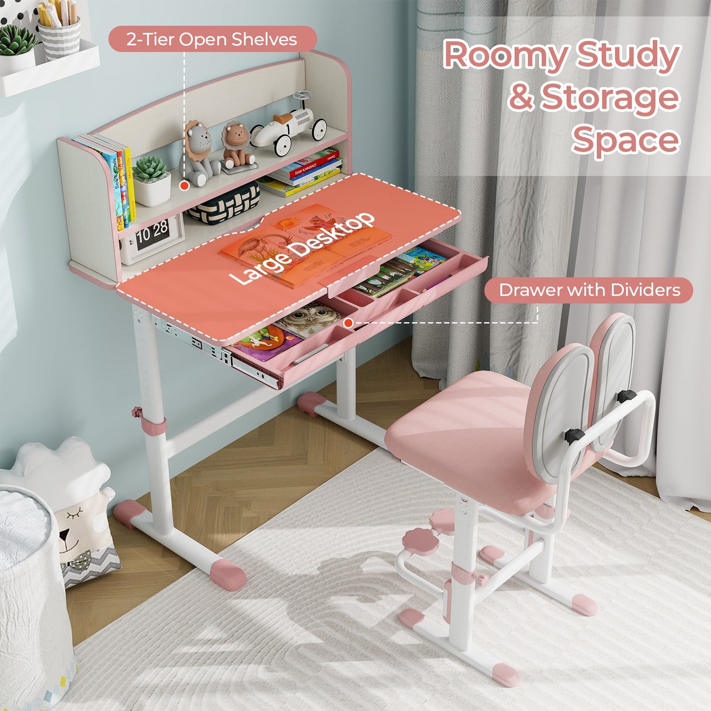 Adjustable Kids Desk and Chair Set - Pink
