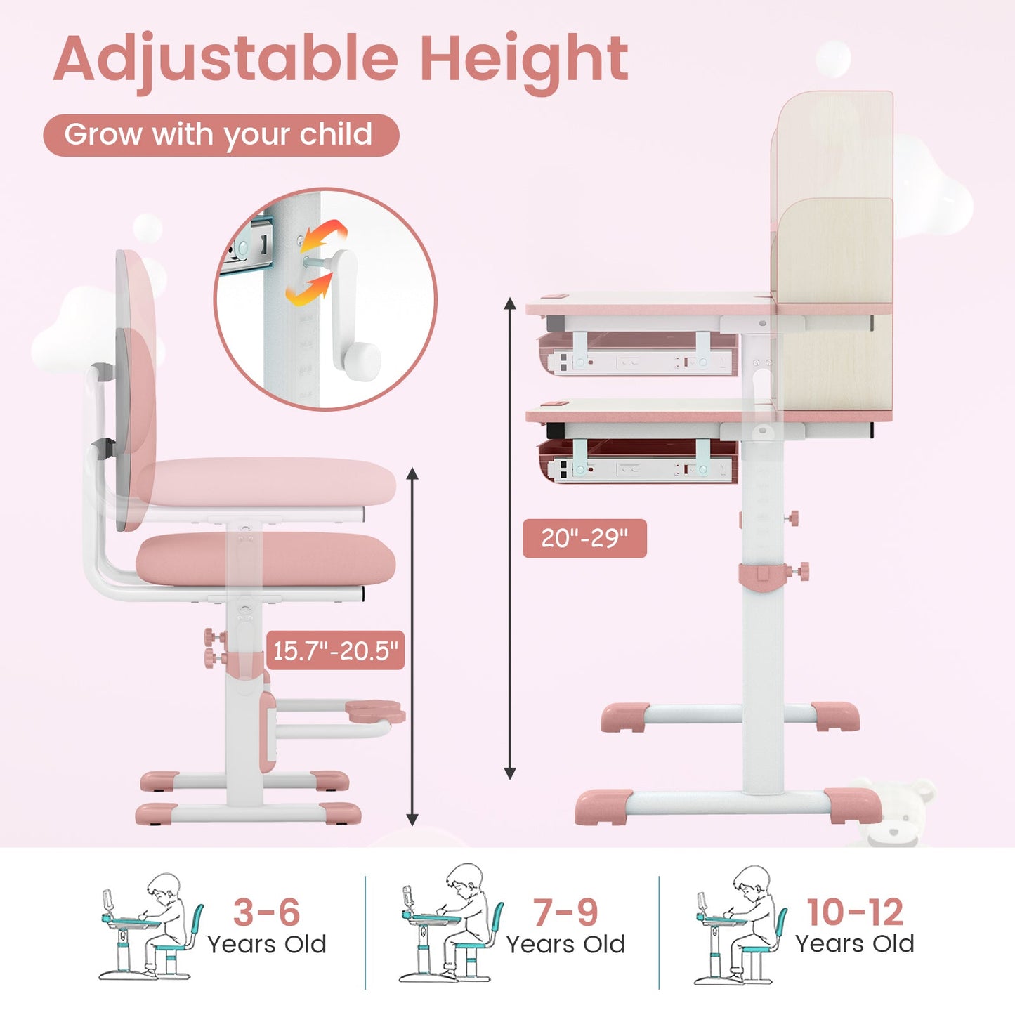 Adjustable Kids Desk and Chair Set - Pink