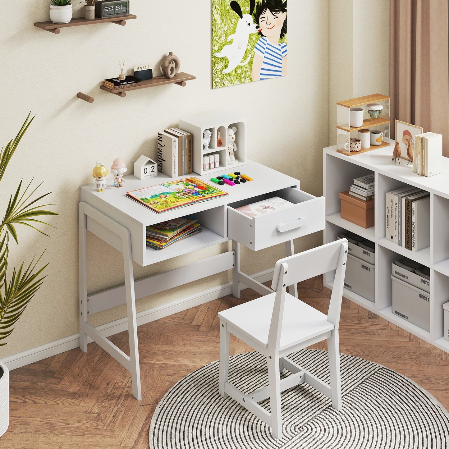 Kids Desk and Chair Set with Storage Drawer and Hutch - White
