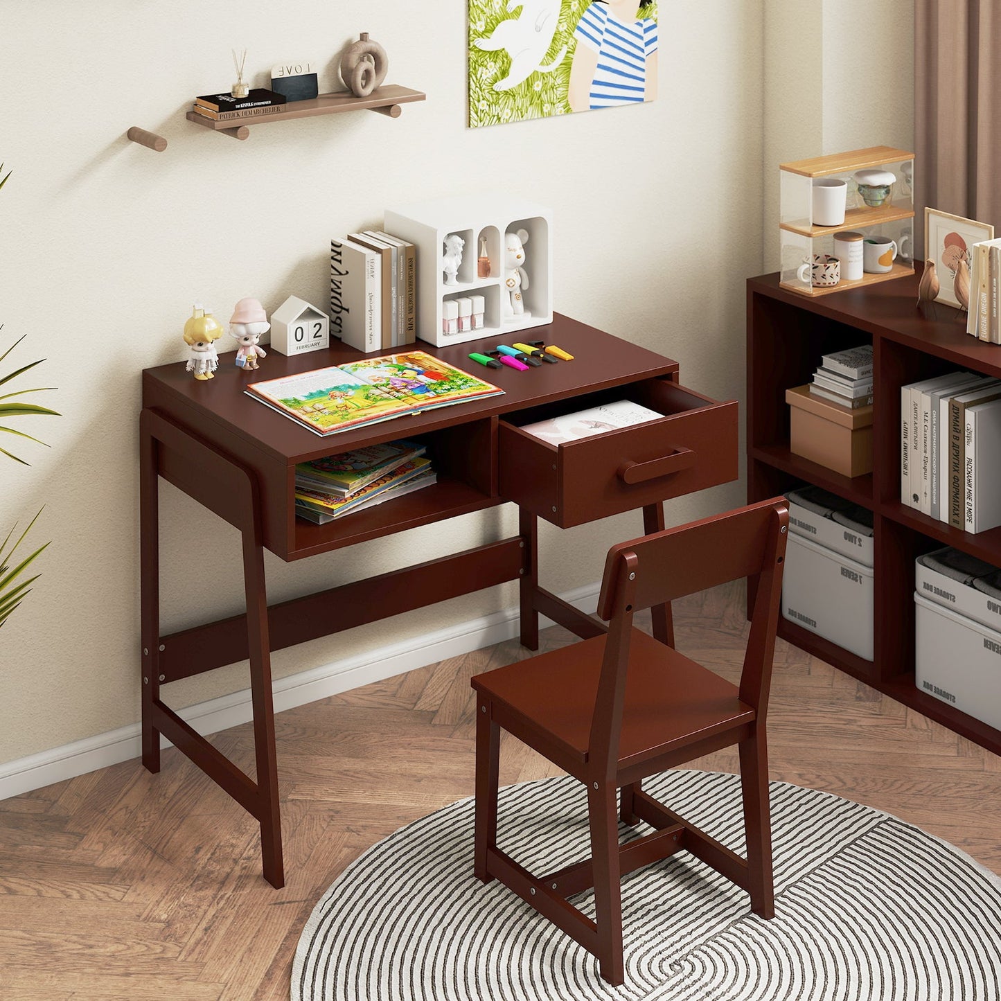 Kids Desk and Chair Set with Storage Drawer and Hutch - Brown