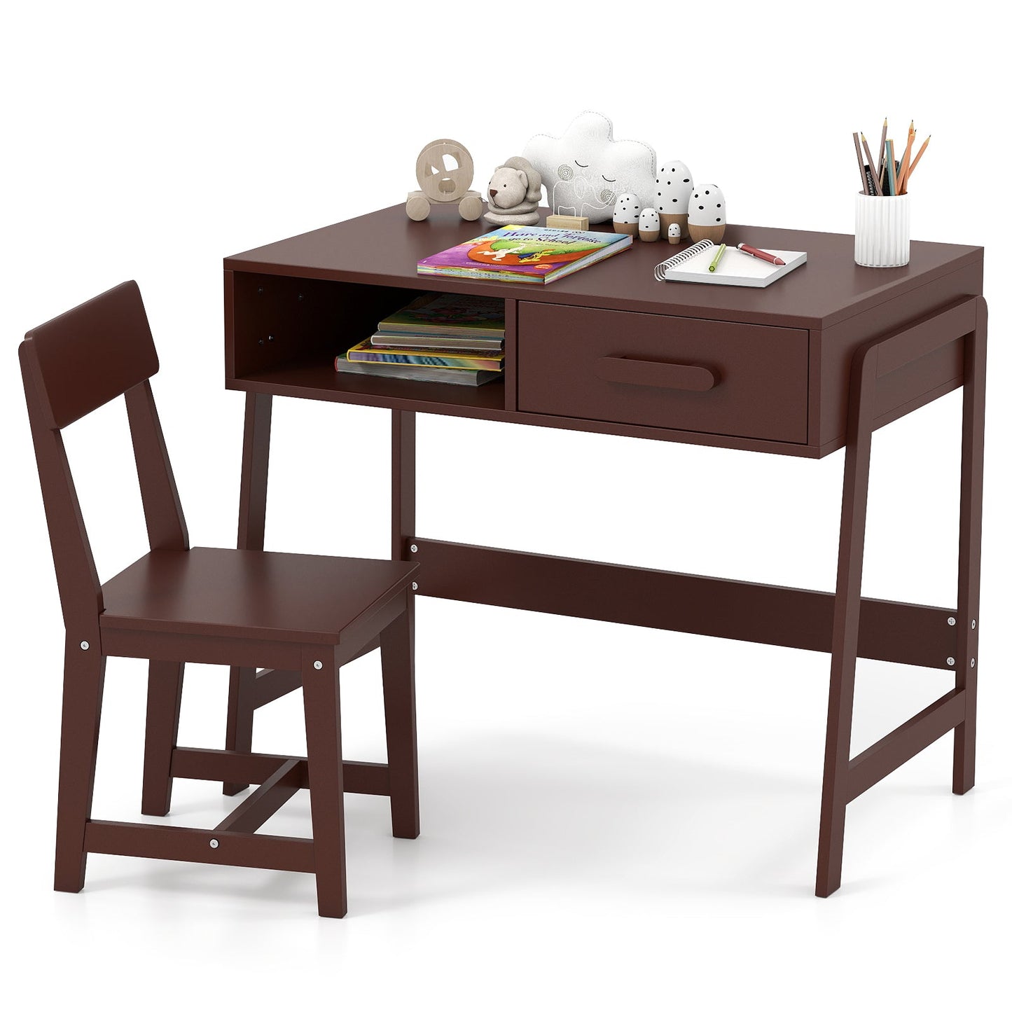 Kids Desk and Chair Set with Storage Drawer and Hutch - Brown