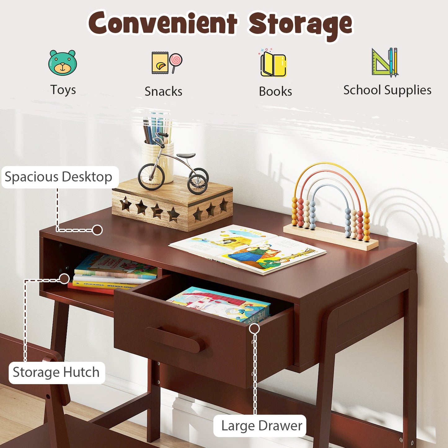 Kids Desk and Chair Set with Storage Drawer and Hutch - Brown