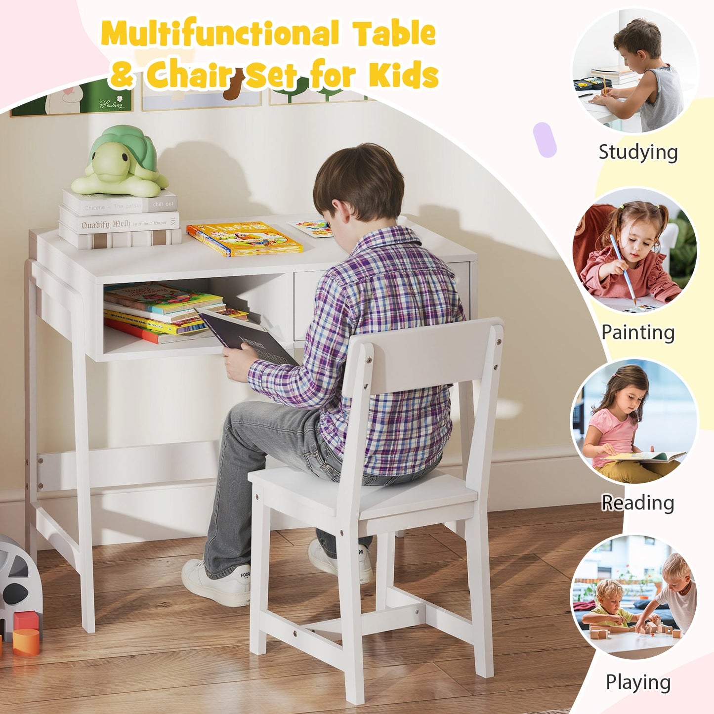 Kids Desk and Chair Set with Storage Drawer and Hutch - White